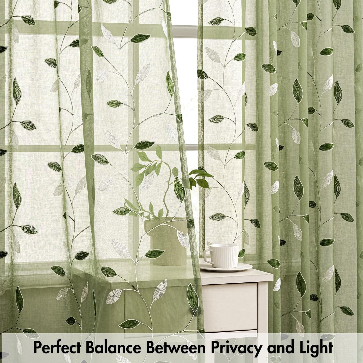 MIULEE Sage Green Curtains 2 Panels Embroidered Leaf Patterned Rod Pocket Floral Semi Sheer Faux Linen Window Curtains Drapes for Living Room Bedroom Farmhouse, 52x84 Inches Long