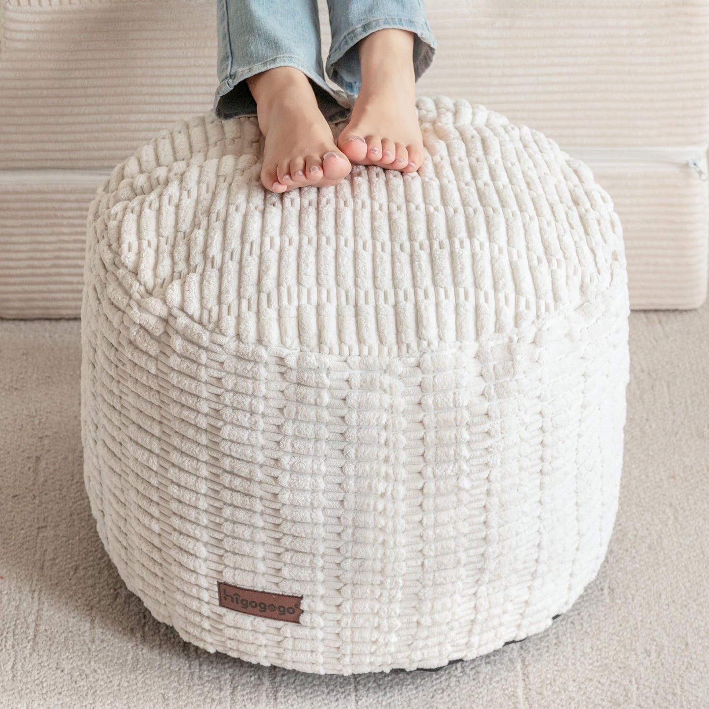 HIGOGOGO Pouf Ottoman Stuffed Round Modern Foam Filled Foot Rest Poufs for Living Room，26 X 18 Inches Footstool for Wedding Christmas Party, Beige