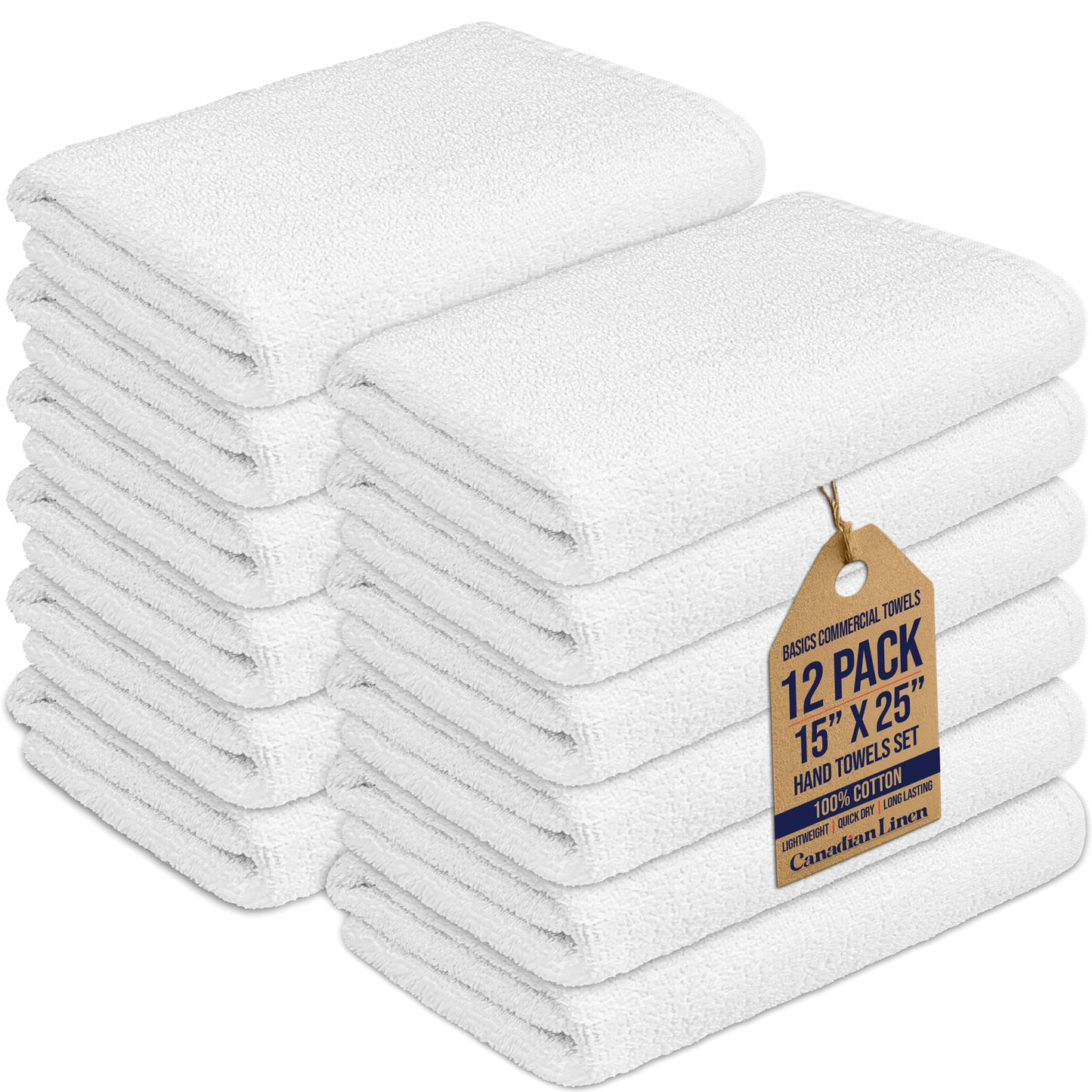 Canadian Linen Basic White Hand Towels, 15”x25”, 12 Pack Lightweight Quick Dry Terry Cotton Cleaning Dish Cloth Hair Salon Nursing Home Bathroom Spa Kitchen Office Car Wash Sports Pool Gym Restaurant