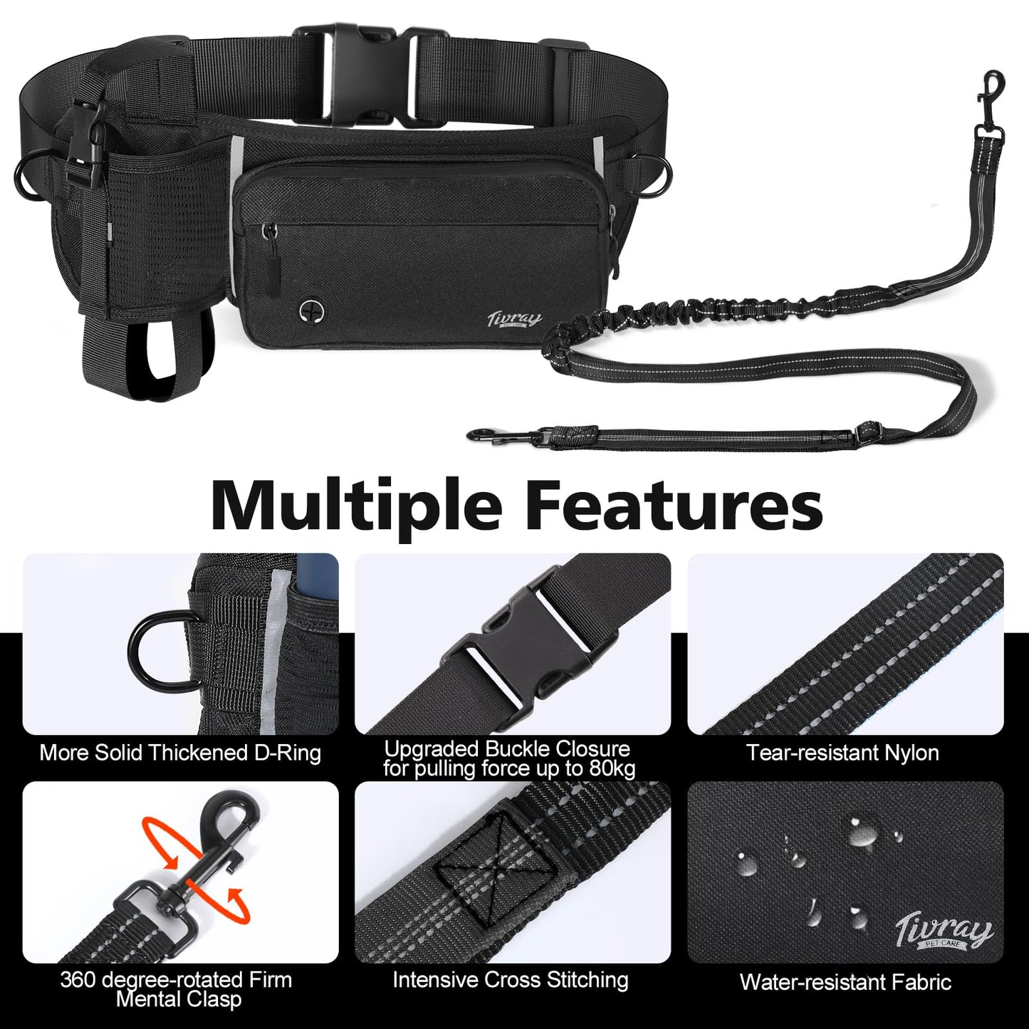 Tivray Hands Free Dog Leash 2 Dogs, Adjustable Waist Leash for Dog Walking with Dual Bungees Padded Handle, Shock Absorbing Hands Free Belt for Small Medium-Sized Dogs Outdoor Activities, Black