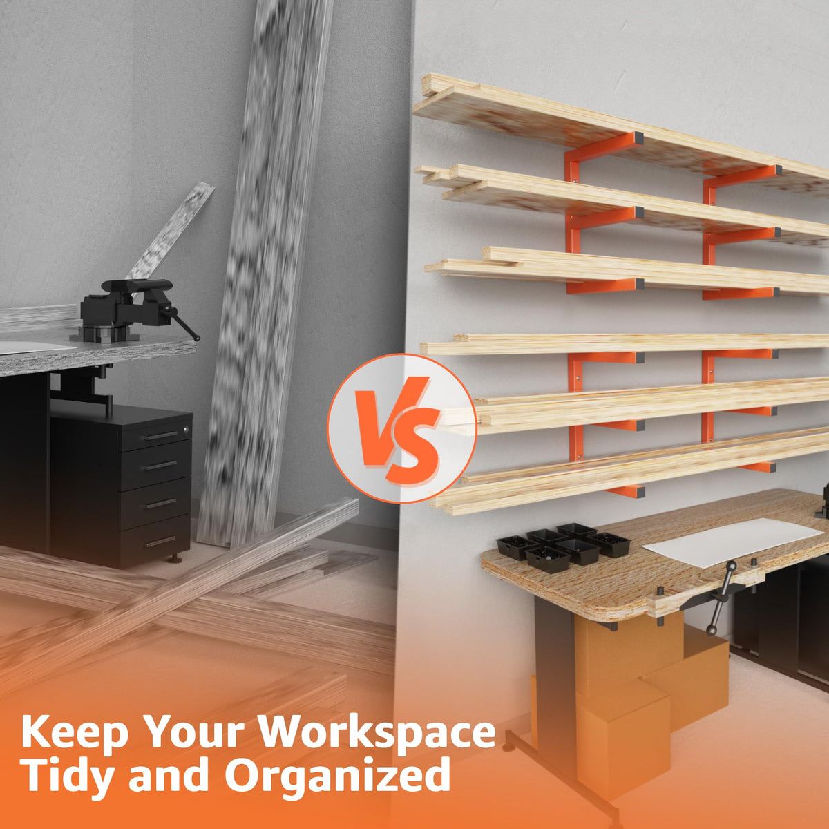 YYR Wood Organizer and Lumber Storage Rack Wall Mount, Heavy Duty Metal Shelf with 6-Level Max 1200 lbs, Indoor & Outdoor Use - Orange