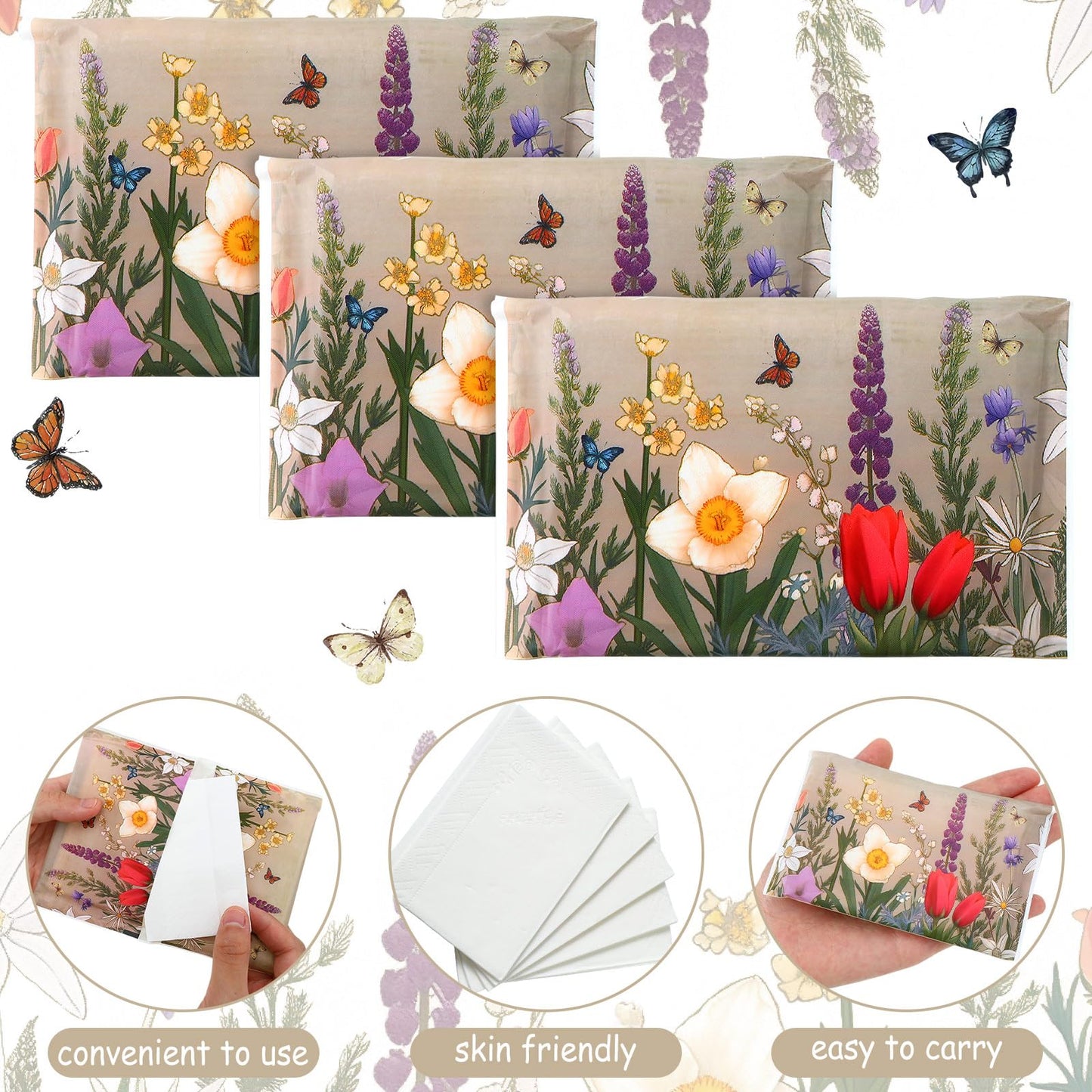 Geyee 50 Packs Tissue Travel Size Facial Paper Napkins Travel Packs Disposable Pocket Tissues for Wedding Guest Traveling School Purse Home Supplies, 500 Sheets 3 Ply(Retro Flower)