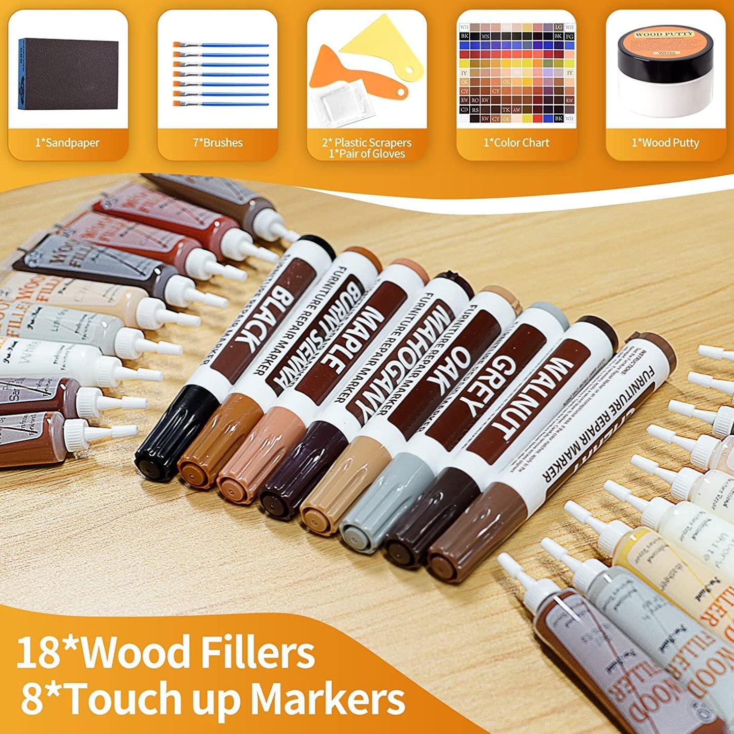 Wood Furniture Repair Kit - Hardwood Laminate Floor Repair Kit Wood Filler, 39 Pcs Furniture Repair Kit Wood Markers Touch Up for Scratch Stain Hole, Restore Any Wood, Wooden Door, Table, Cabinet
