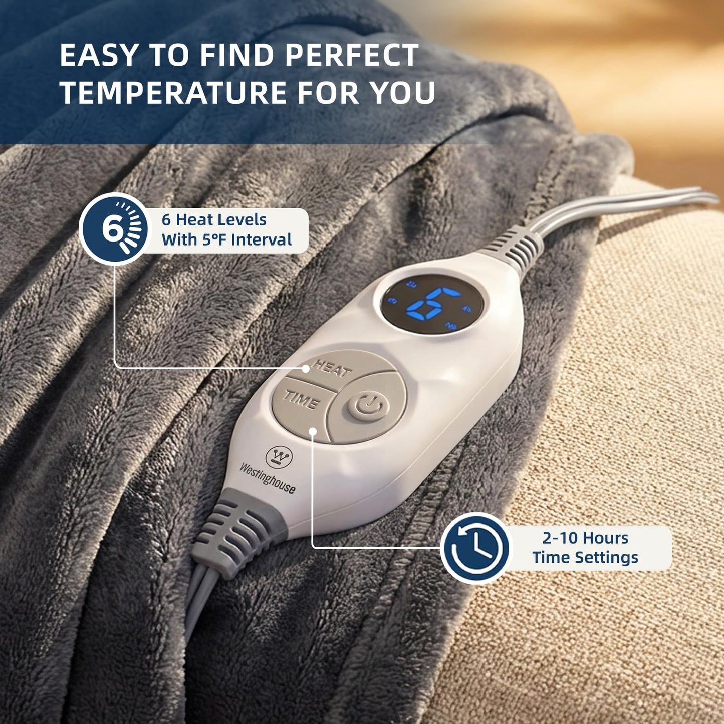Westinghouse Electric Blanket Throw Heated Blanket with 6 Heating Levels and 2-10 Hours Time Settings, Flannel Super Cozy Heated Blanket Machine Washable (Charcoal, Throw Size 50 * 60")