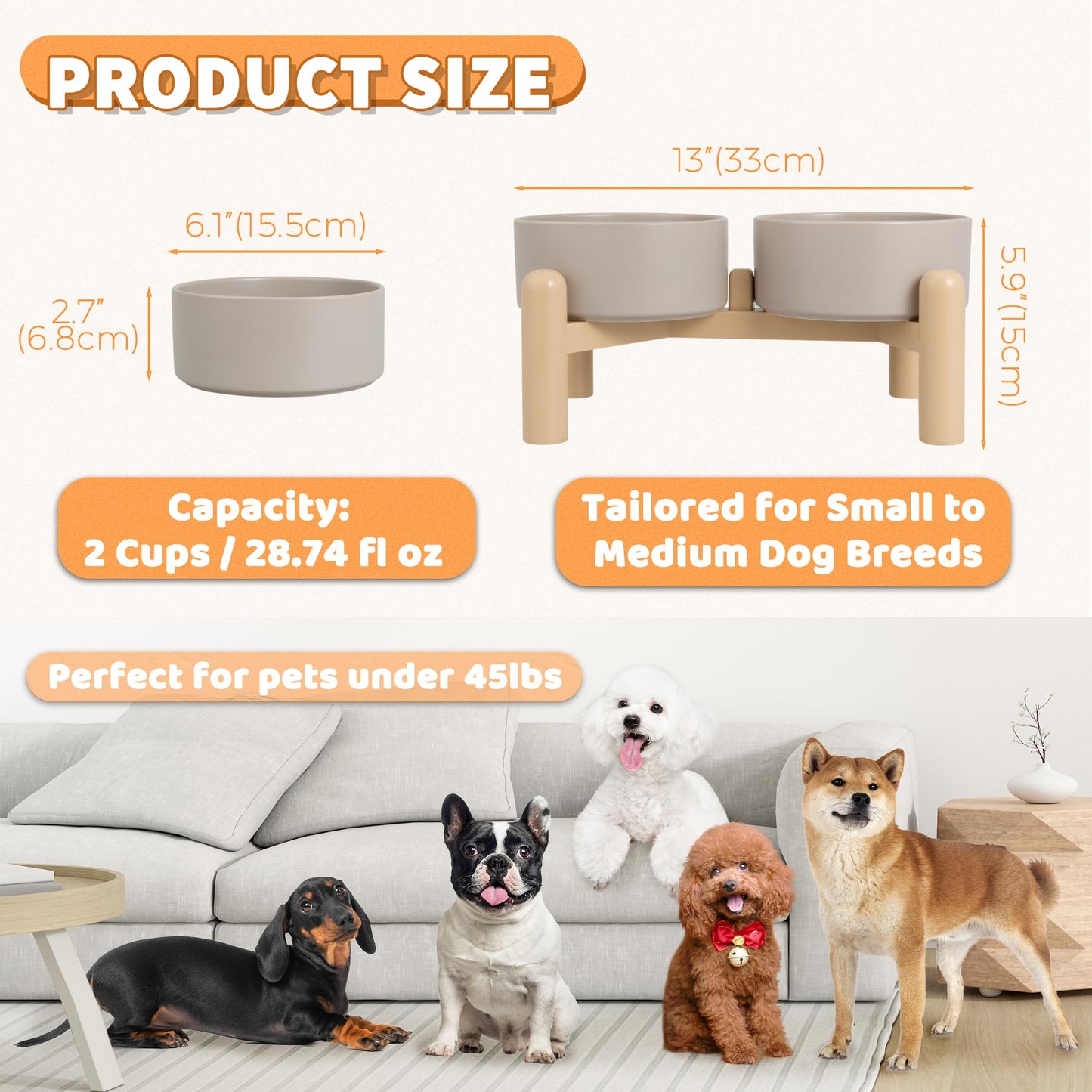 Elevated Ceramic Dog Bowl Set of 2 - Double Dishes with Non-Slip Stand - Raised Food and Water Bowls - Ideal for Small to Medium Dogs - Each Holds 2 Cups (28.75 fl oz) - Grey