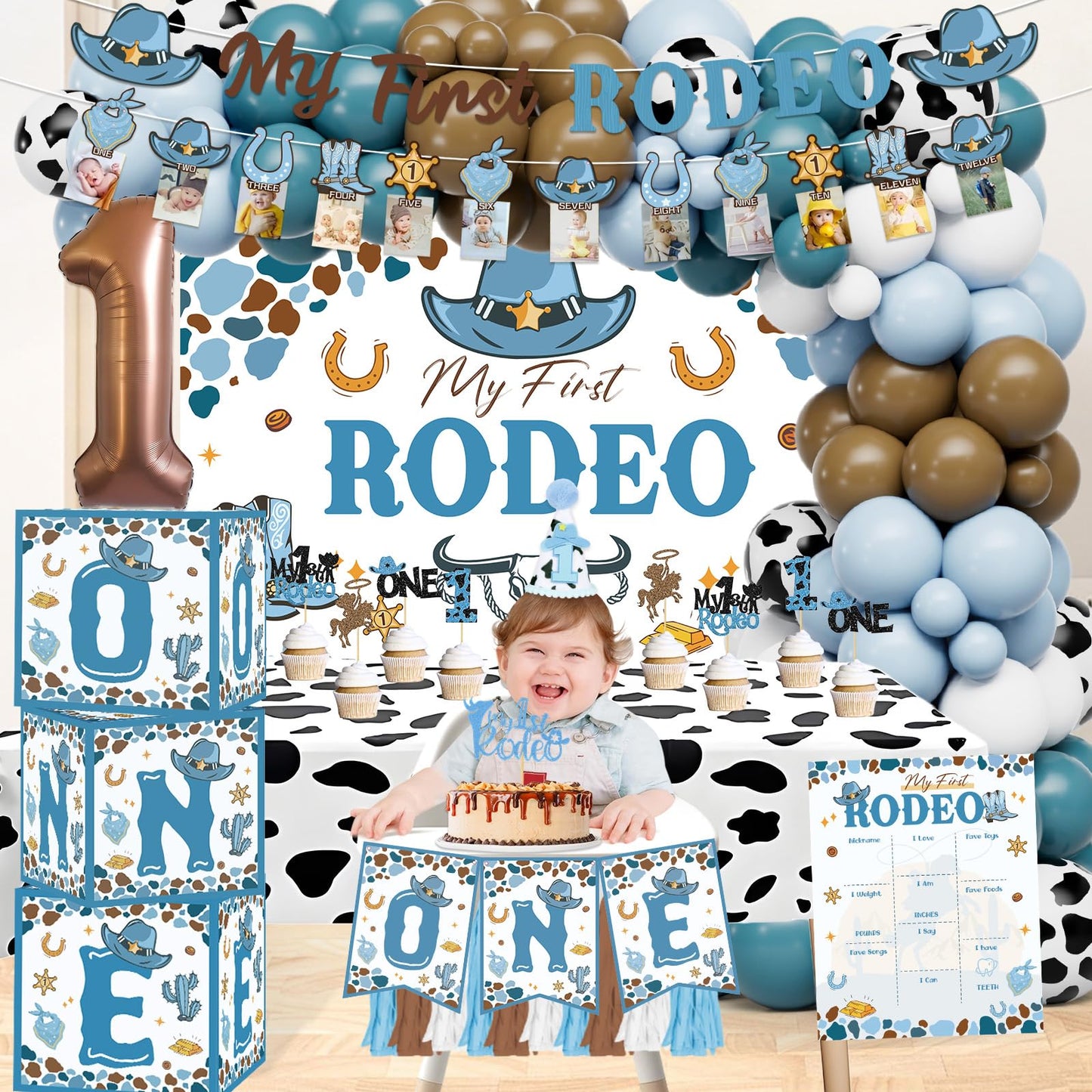 My First Rodeo Decorations Boy, Cowboy 1st Birthday Party Decorations, Cowboy Balloon Arch Kit Western Party Supplies Backdrop Tablecloth Photo Banner for 1st Rodeo Birthday Party Decor Boy