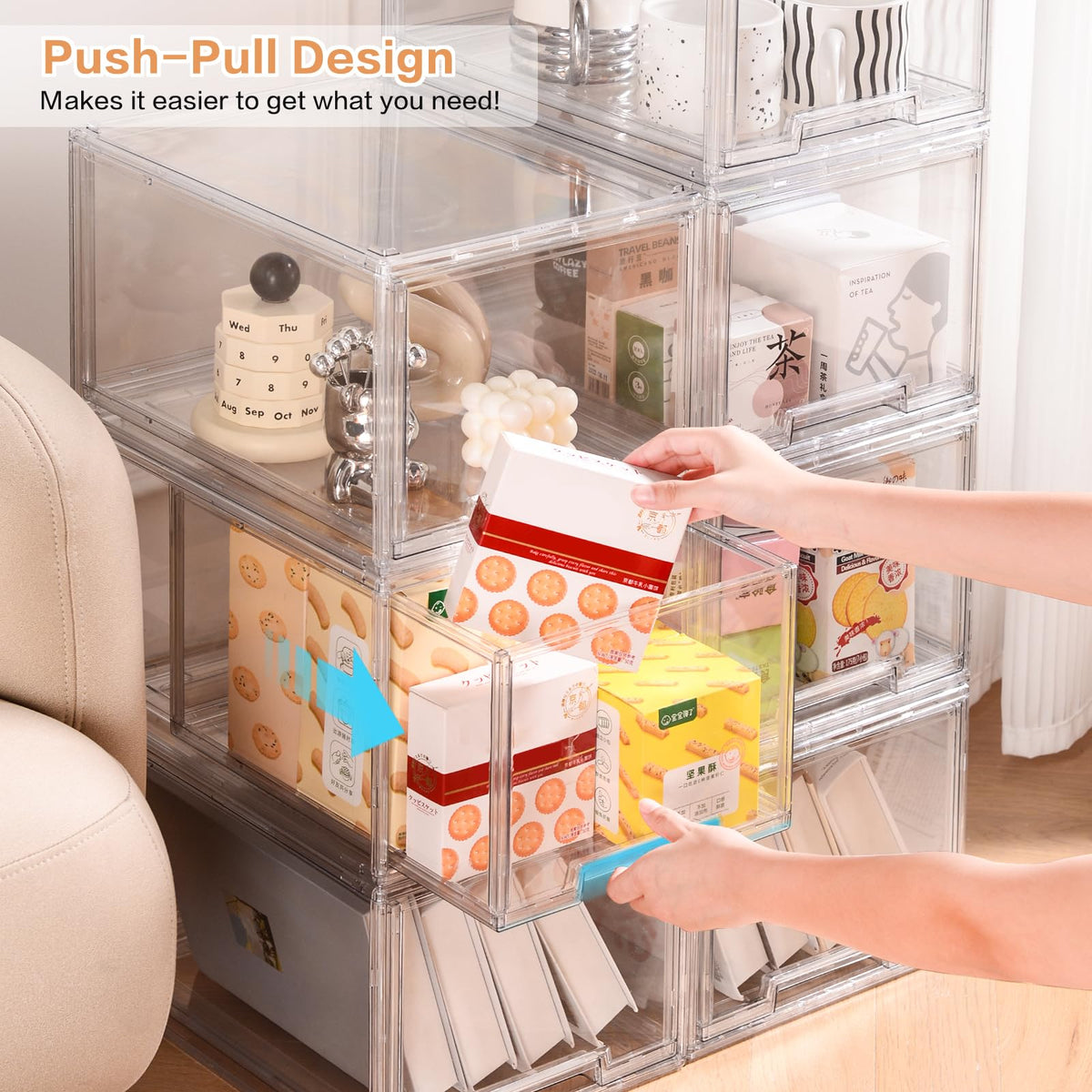 3 Packs Large Plastic Stackable Storage Drawers, DILIBRA Clear Storage Bins Organizer with Pull Out Drawer for Kitchen Cabinet Pantry Fridge Freezer Shelf Refrigerator Organization and Storage