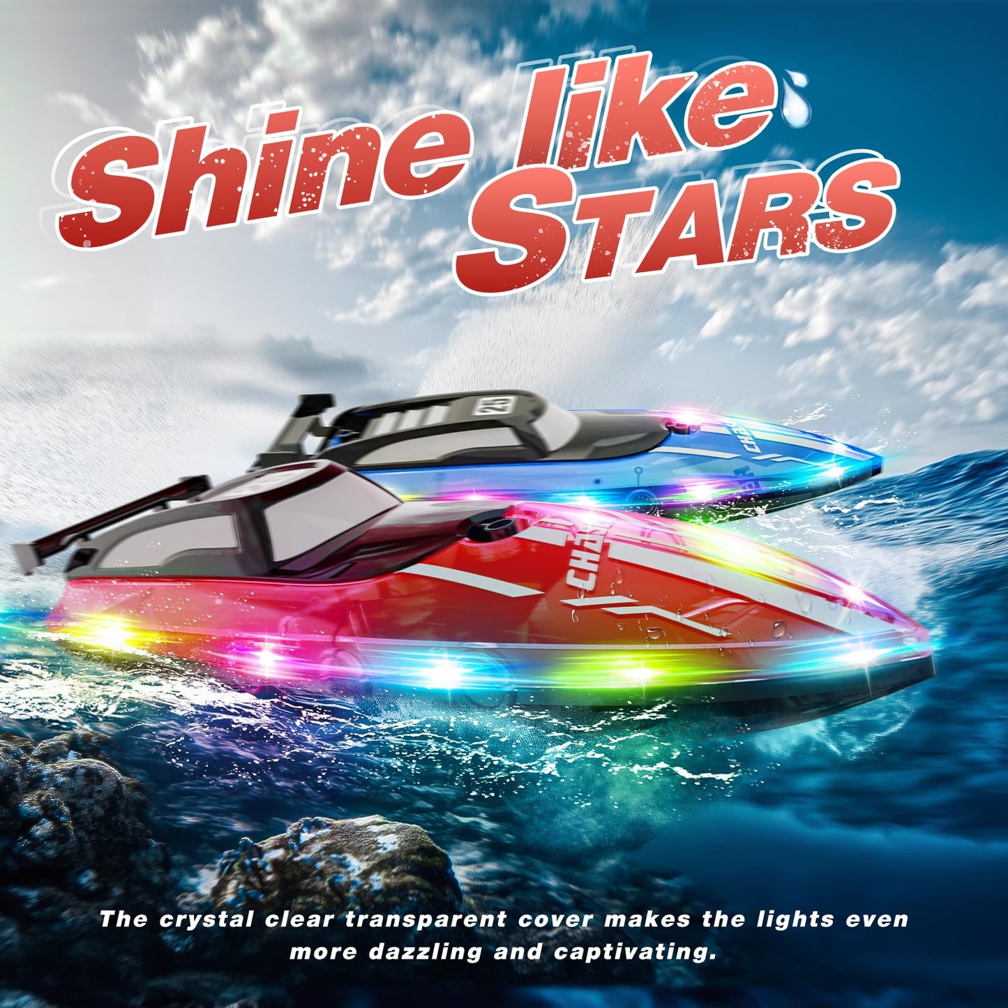 RC Boat with Dazzling LED Lights, 2.4Ghz Remote Control Racing Boats for Kids 8-12,Toy Water Boat for Pools and Lakes with Waterproof,Rechargeable Battery, for Boys Girls RED