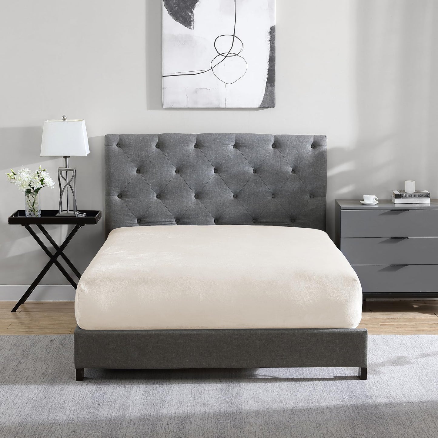 Cathay Home Ultra Soft Flannel Plush Fur Fitted Sheet, 1 Piece, Thick & Cozy Bed Sheet, Deep Pocket Fit, All Season Warmth, Wrinkle Resistant, Easy Care Bedding (King Size, Cream)