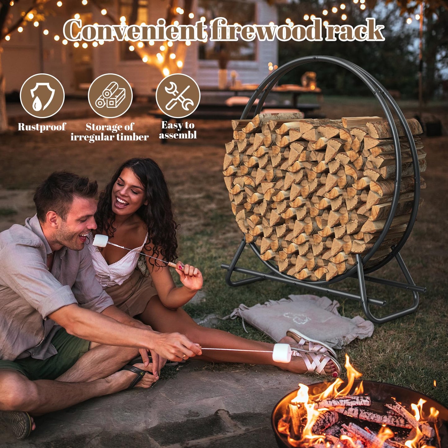 YSEJOMP Outdoor Firewood Circle Rack- Metal Pipe Ring,Sturdy & Durable Firewood Holder for Indoor/Outdoor Use,Space-Saving Design for Fireplace,Campfire or Backyard Storage (48 inch diameter circle)