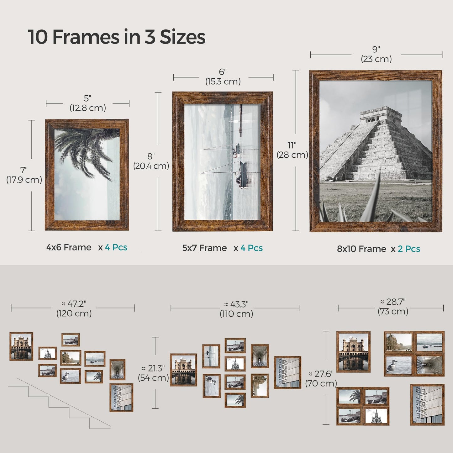 SONGMICS Picture Frames with 16 Mats, Set of 10 Collage Photo Frames, Two 8x10, Four 5x7, Four 4x6 Frames, Hanging or Table Display, Glass, 12 Non-Trace Nails, Rustic Brown URPF049X01