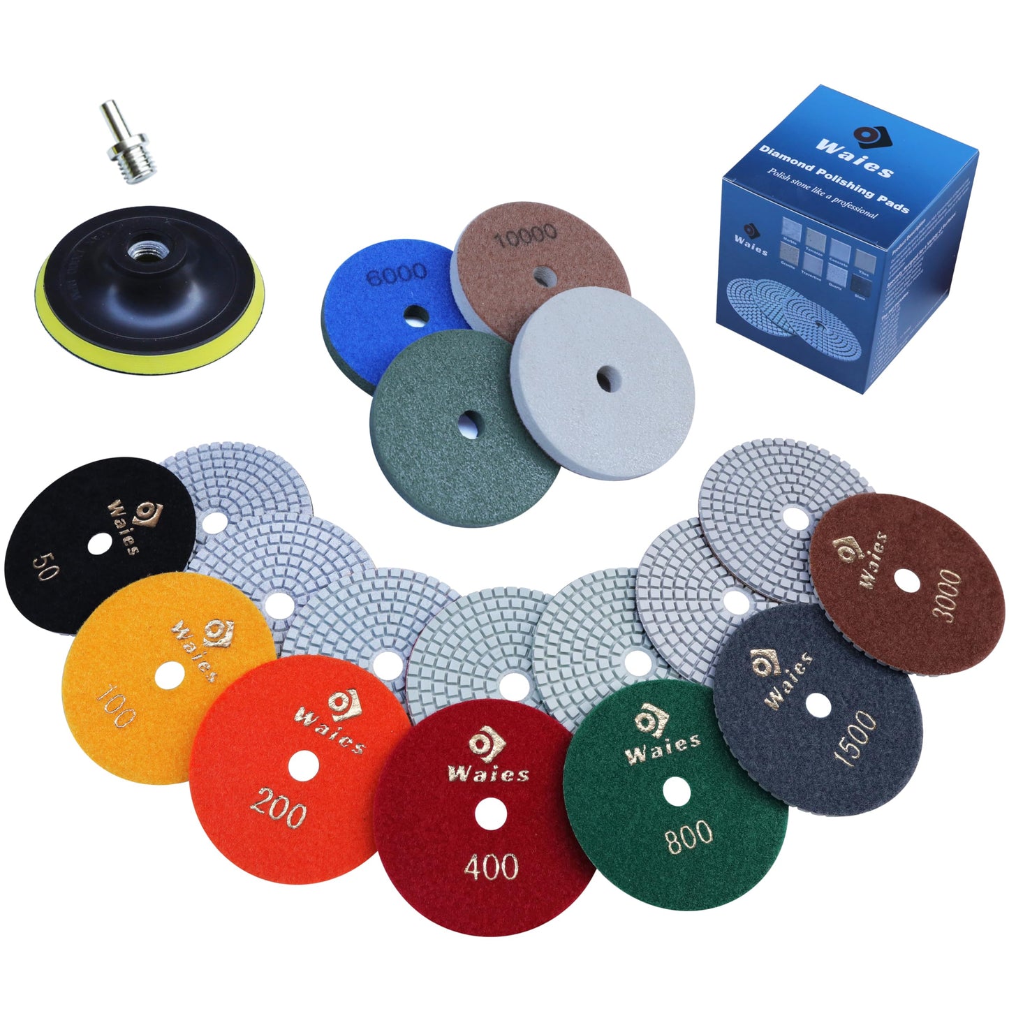 Waies 4 Inch Diamond Polishing Pads 11 PCS with 5/8"-11 Backer Pad, Wet/Dry 50-10000 Grit Polish Pad Kit for Concrete Granite Marble Quartz Countertop Stone Rock for Drill Grinder Polisher