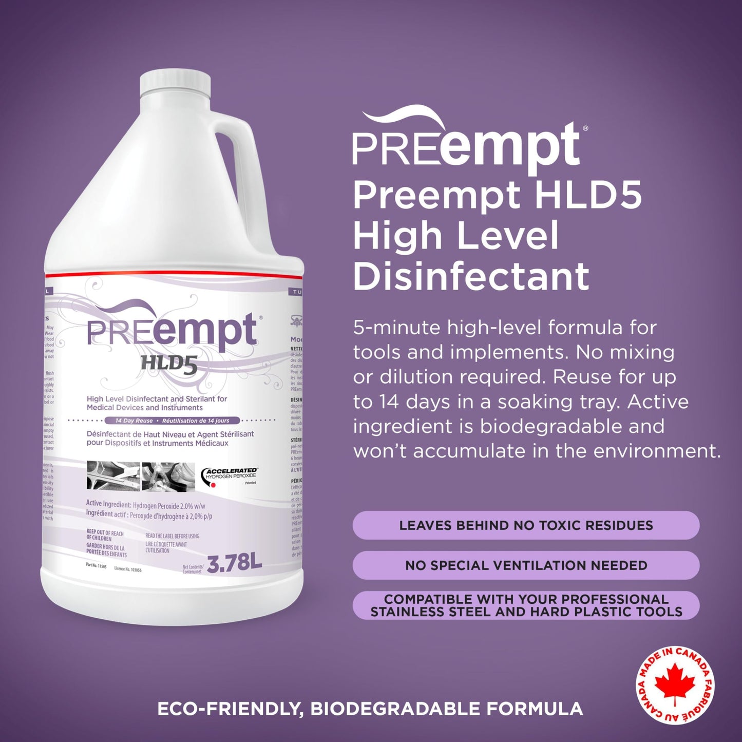PREempt HLD5 High-Level Disinfectant for Reusable Spa, Salon and Nail Tools and Implements (3.78L) (1 Bottle)