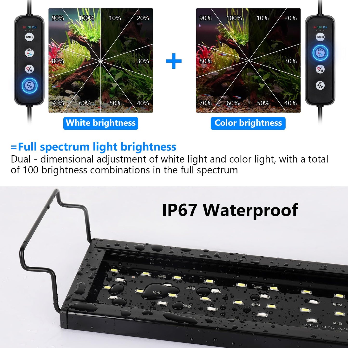 AQQA Aquarium Light,Full Spectrum Fish Tank Light for Plants,3 Mode+Timer+Adjustable Brightness,High Brightness LED Beads with Extendable Brackets for Freshwater (22W)