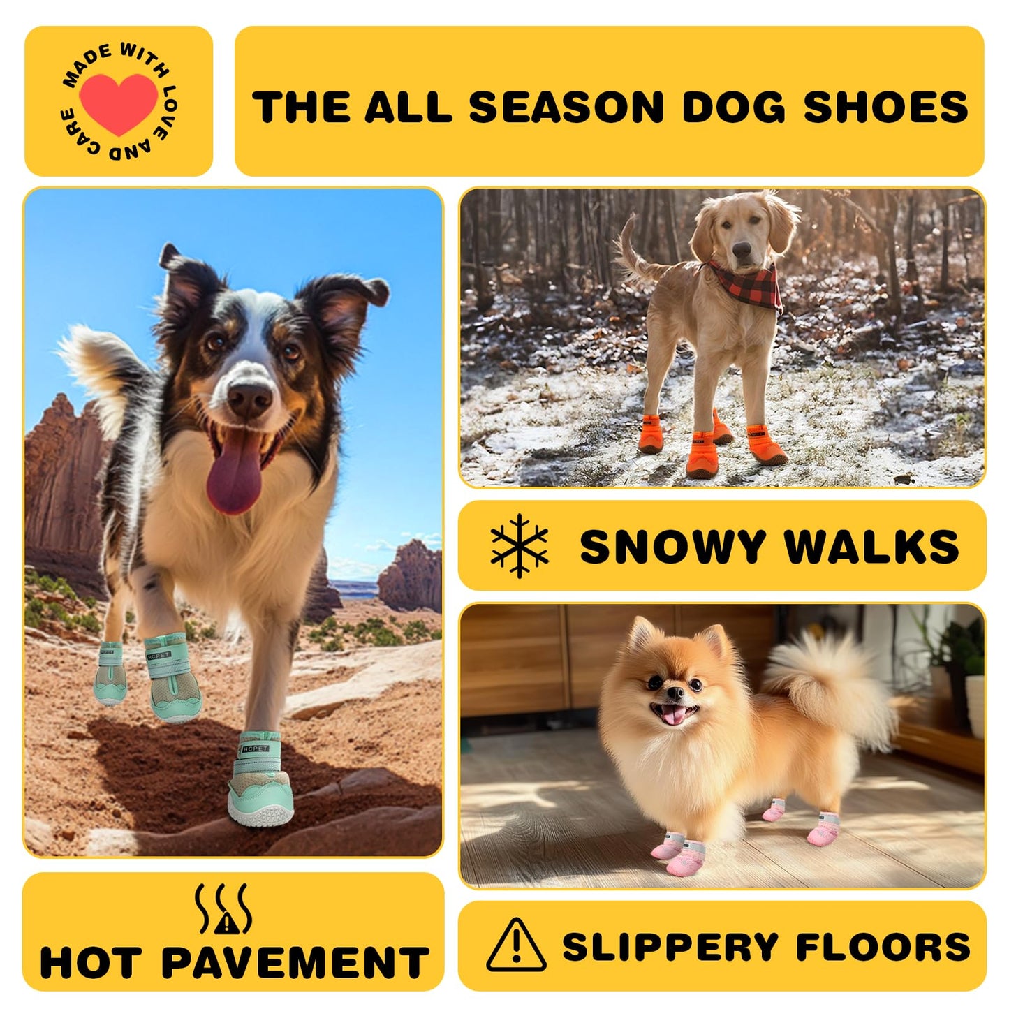 Hcpet Dog Shoes for Large Dogs, Breathable Dog Booties for Small Medium Dogs, Anti-Slip Dog Boots & Paw Protectors for Hot Pavement Winter Snow Hiking with Reflective Straps Orange Size 4