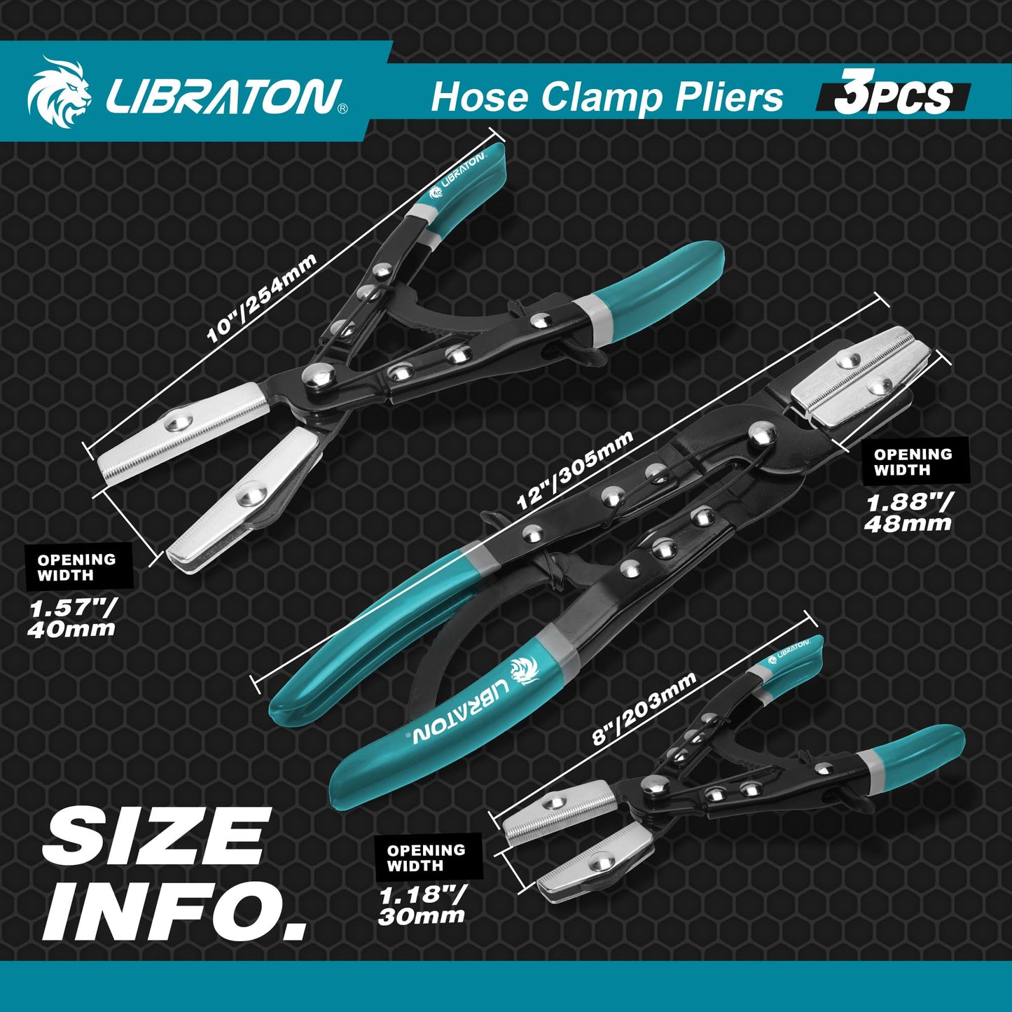 LIBRATON 3PCS Ratchet Hose Pliers Set, Automotive Pinch Pliers, Clamp Tool for Fuel, Flexible, Radiator Hoses - 8" 10" 12" With Storage Bag