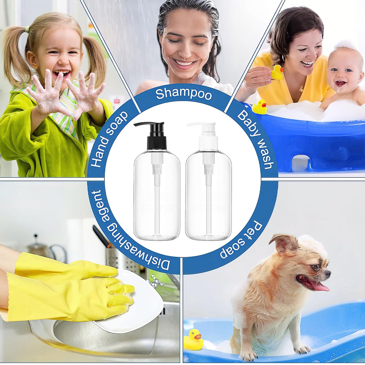 30 Pack 8 oz Clear Empty Lotion Bottles Plastic Pump Bottles Hand Dish Dispenser Round Bottles Containers Refillable Container Black White Pumping for Shampoo Conditioner Body Wash Cream Liquid Soap