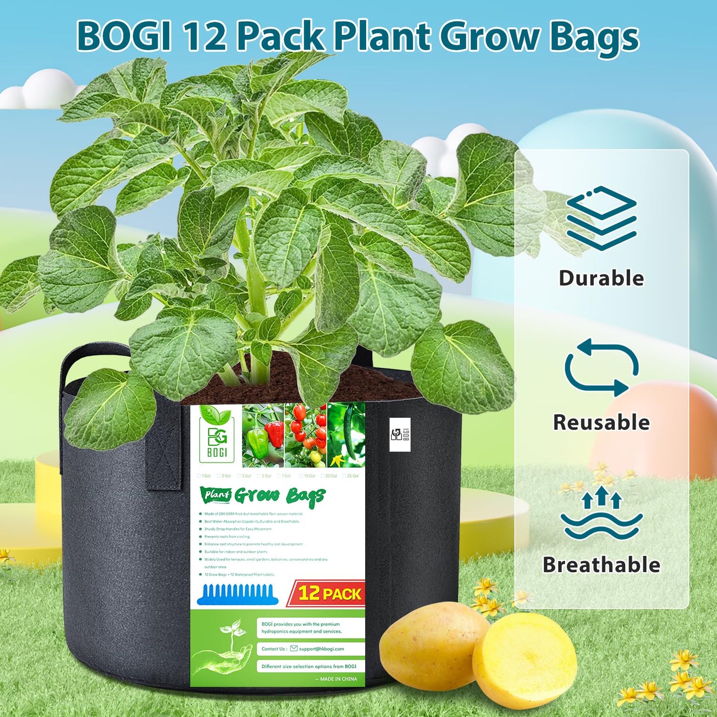 BOGI Grow Bags 12 Pack 25 Gallon Grow Bags Heavy Duty Thickened Nonwoven Grow Bag with Durable Habdles Fabric Pot for Vegetable Flower Potato Garlic Indoor Outdoor Plants + 12 Waterproof Plant Labels