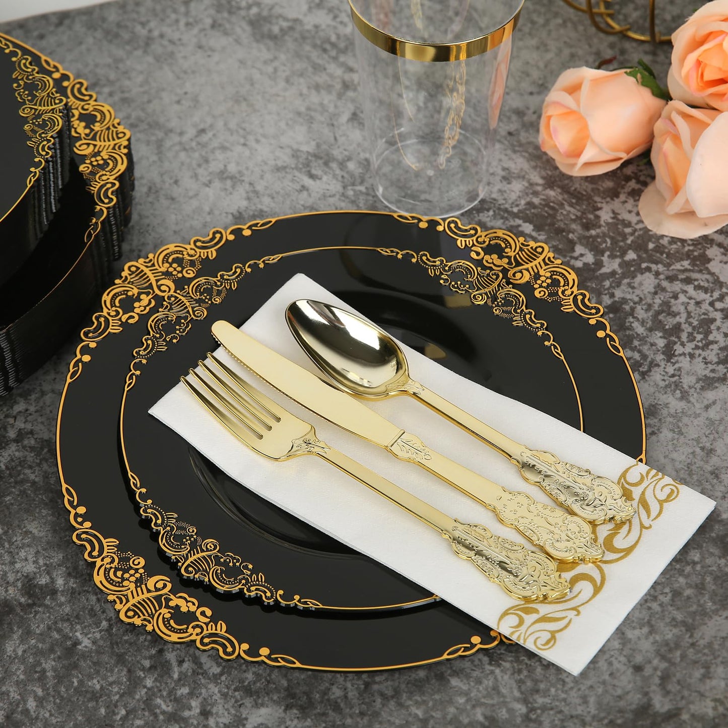 175PCS Black Plastic Plates Gold and Black Plates Heavy Duty Gold Plastic Dinnerware for 25 Guests with Gold Silverware Cups, Napkins for Parties & Birthday