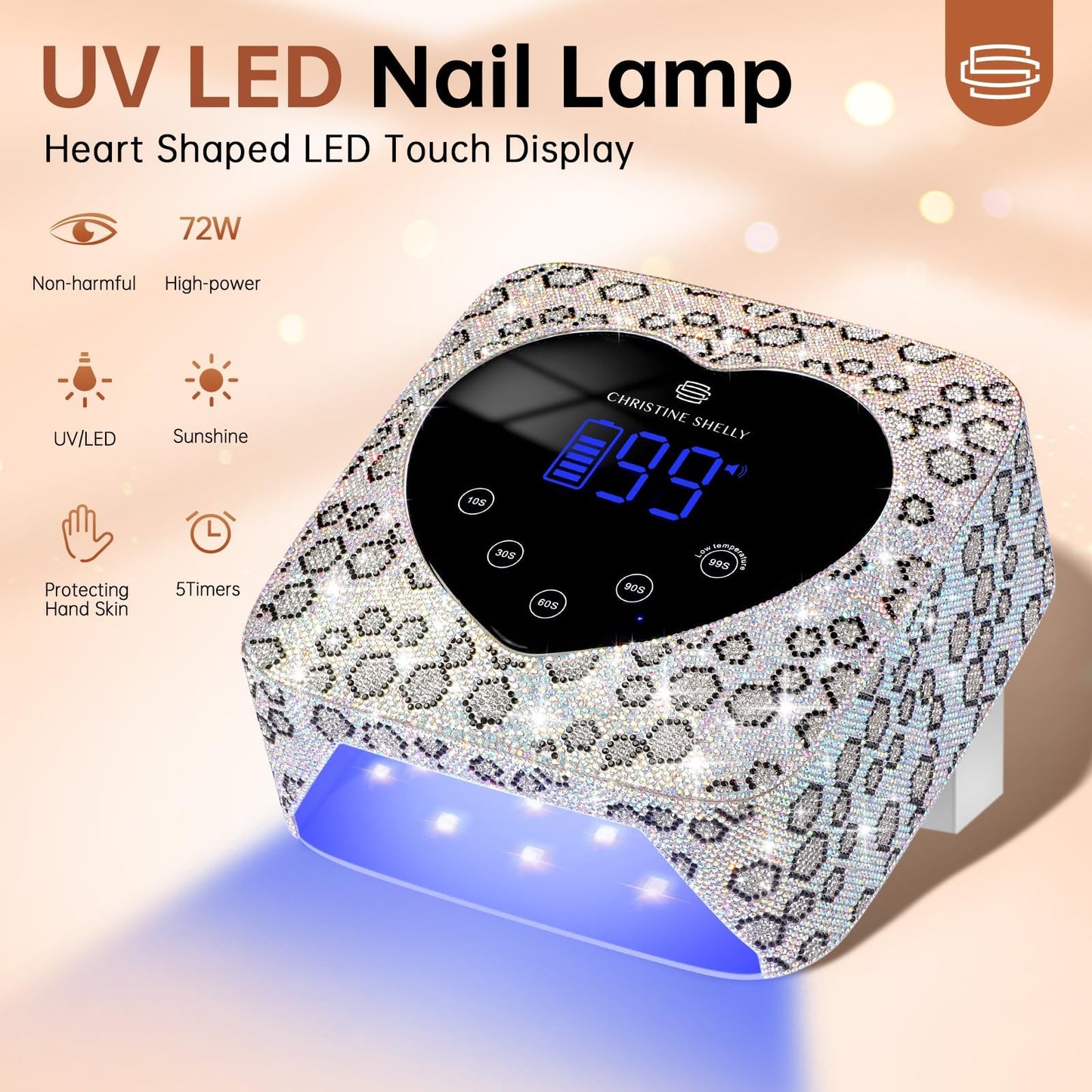 CHRISTINE SHELLY UV LED Nail Lamp 72W Rechargeable Sparkly Wireless Nail Dryer Gel Polish Light with 5 Timer Setting Professional Quick Dry Curing Lamp with Display Auto Sensor for Salon & Home