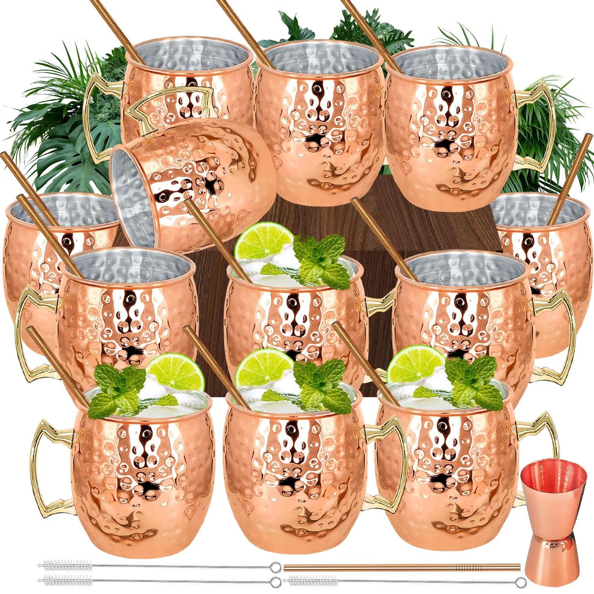 Moscow Mule Copper Mugs Set of 12 Plated Copper Mule Mugs 18oz Bulk Large Hammered Stainless Steel Cups with 1pcs 0.5oz Double Jigger 12pcs Stainless Steel Straws for Cold Chilled Drinks Cocktails