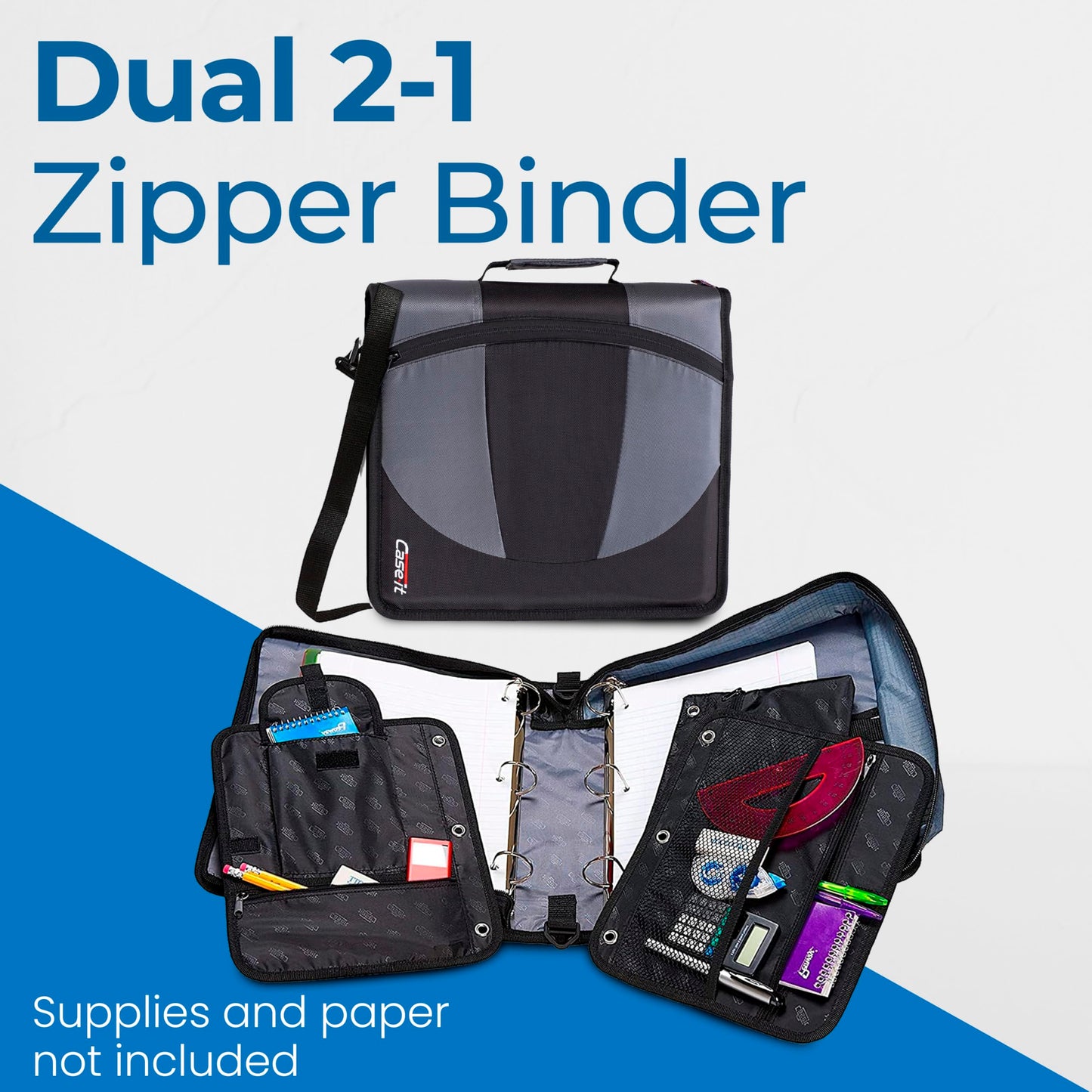 Case-it The Dual 2-in-1 Zipper Binder - Two 1.5 Inch D-Rings - Includes Pencil Pouch - Multiple Pockets - 600 Sheet Capacity - Comes with Shoulder Strap - Jet Black Dual-101