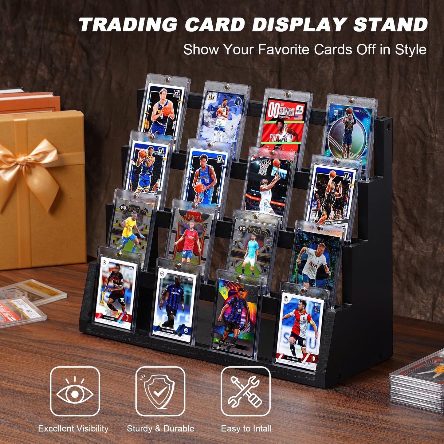 Emfogo Display Stand, 4-Tier Trading Card Display, Wooden Graded Baseball Sports Card Display, Trading Cards Display Case for Collection & Show (Black)