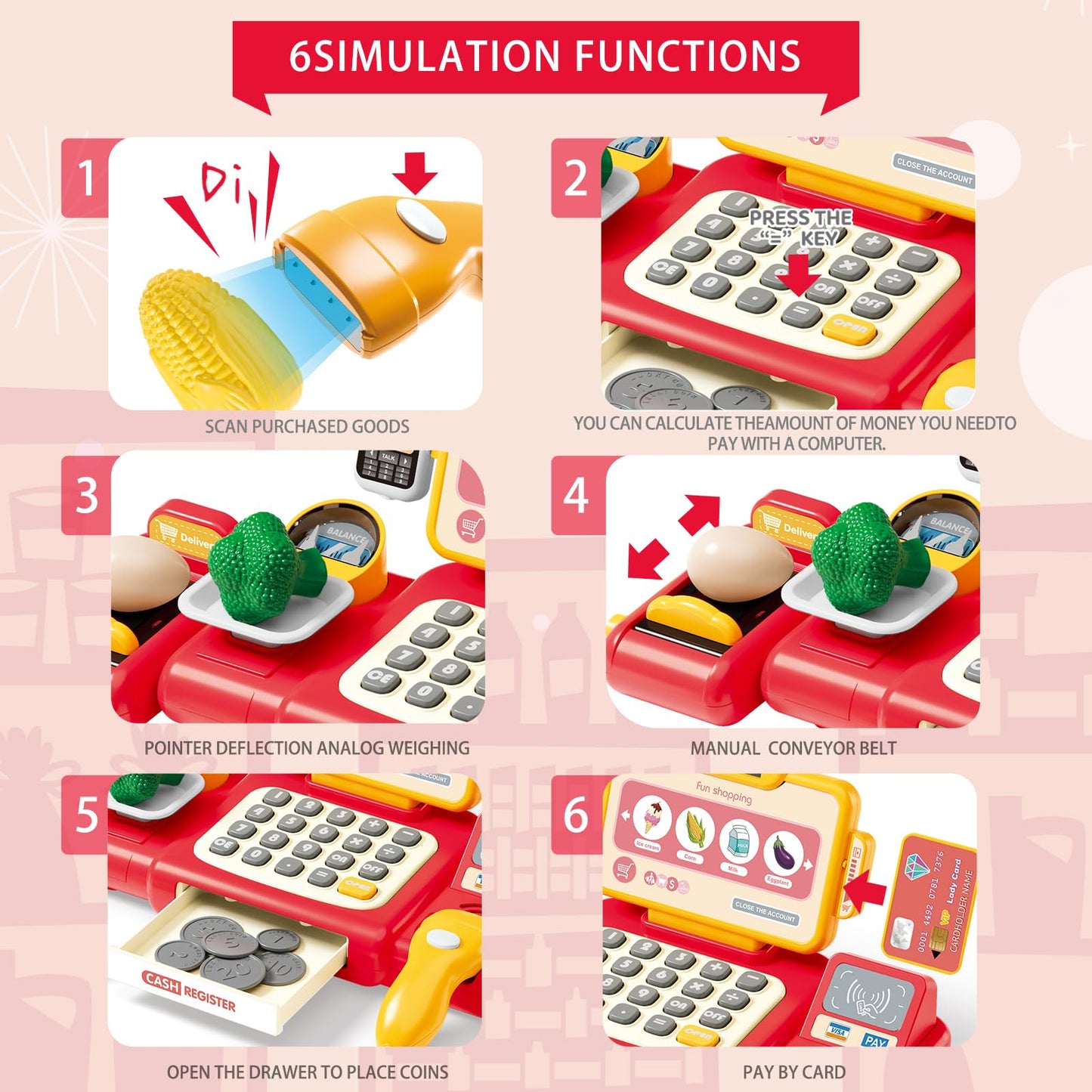 Kids Pretend Play Cash Register Toy Set for Supermarket Shopping, Cosplay Kitchen Toys Educational Learning Toy for Children Boys Girls Birthday (Red)