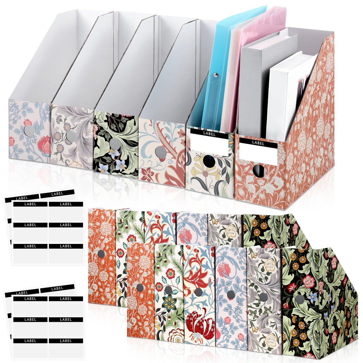 PerKoop 12 Pcs Decorative Magazine File Holders Floral Foldable File Folders Magazine Storage Boxes Rack Desk Organizer Documents with Printable Labels for School Office Home (Floral)