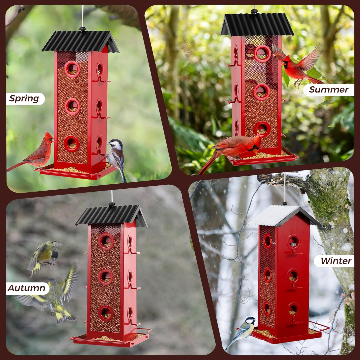 Shineforu All Metal Bird Feeder for Outdoors Hanging | 14-Port Multi-Bird Viewing | Rust-Proof, Waterproof & Easy-Clean | Attracts Cardinals, Finches, Chickadees & More (Elegant Red & Black)