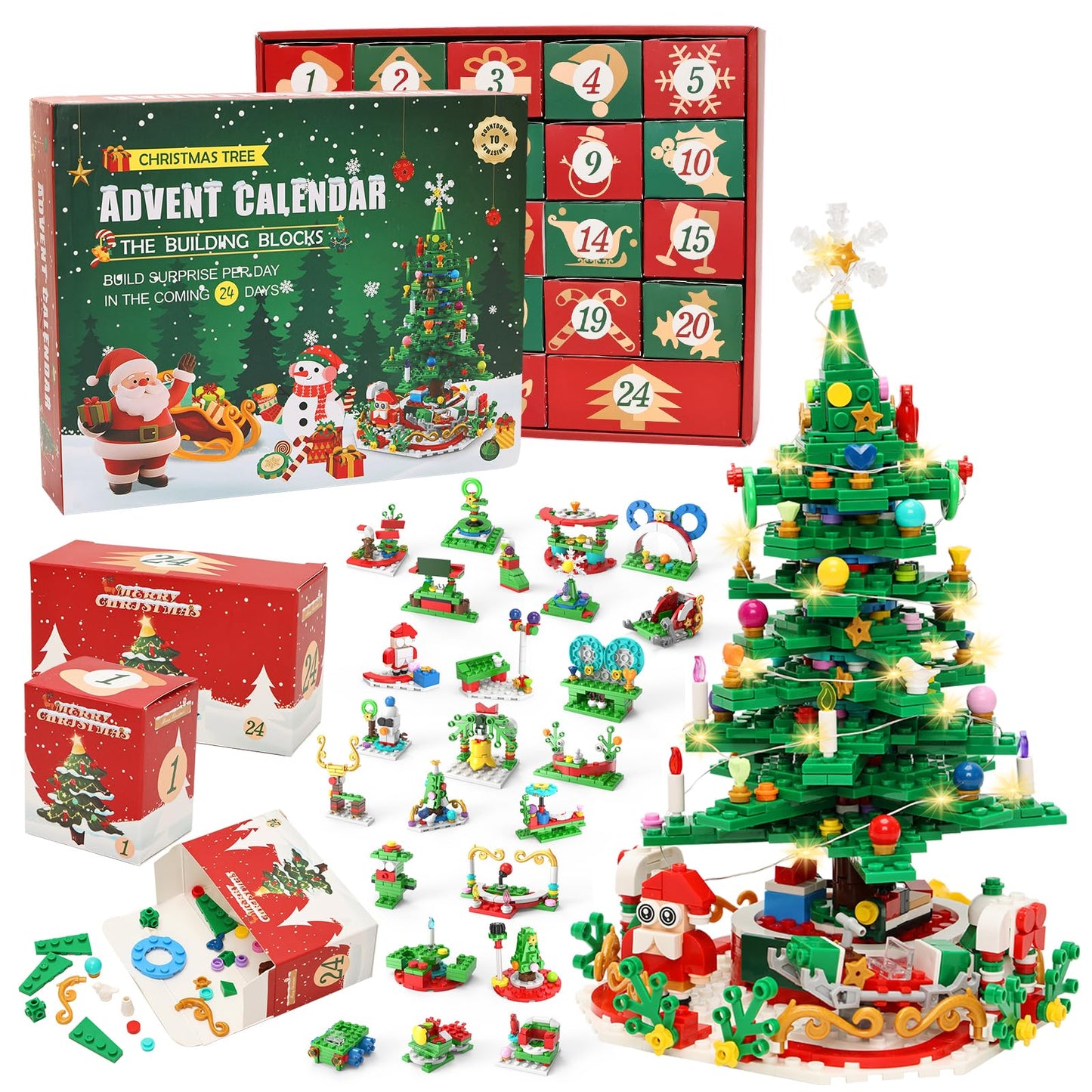 2025 Xmas Advent Calendar Building Blocks Toys 24-In-1 Christmas Tree Building Blocks 24 Days Surprise Christmas Countdown Calendar Buildings Block Toys for Christmas Gifts