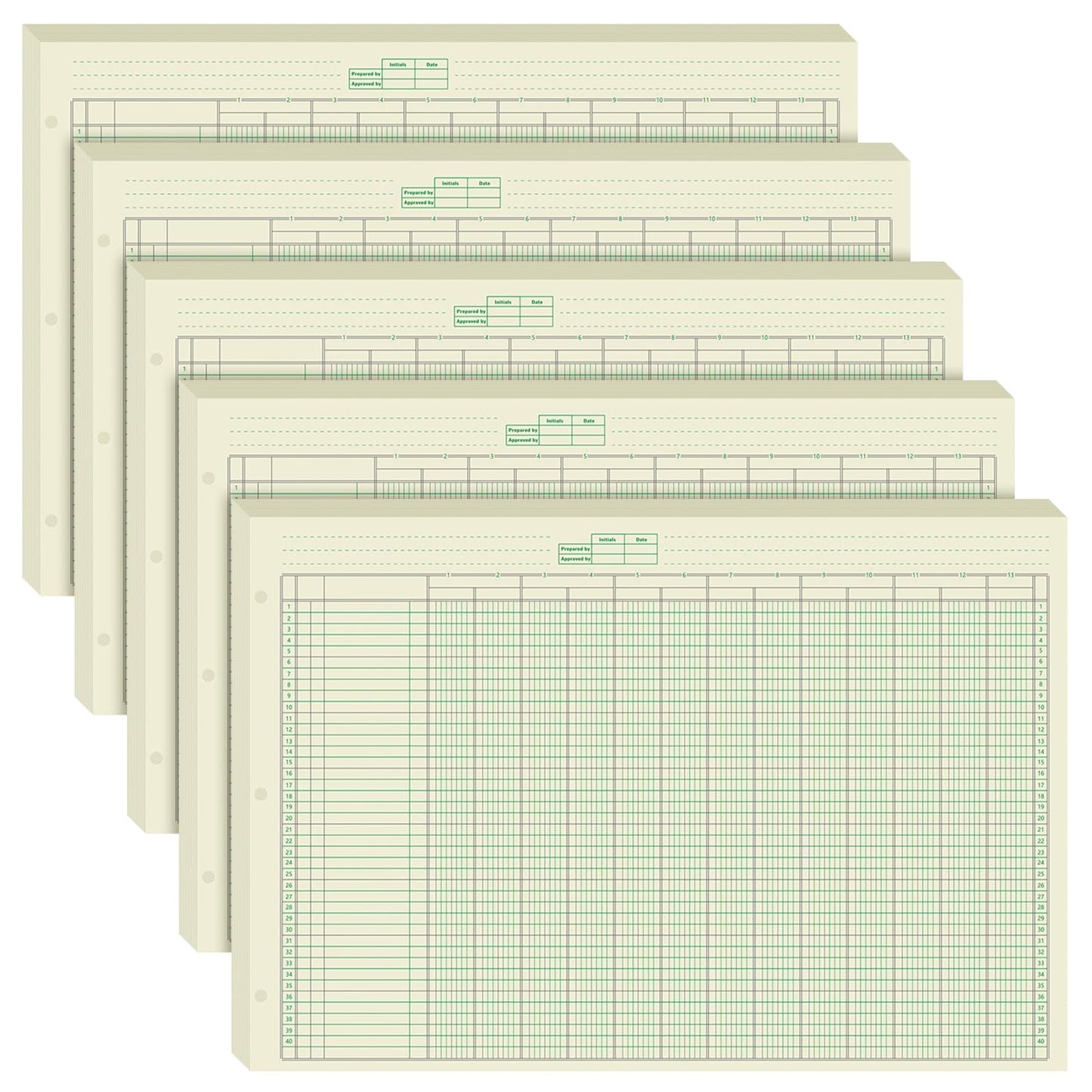 Fulmoon 5 Pack 250 Sheets Ledger Paper Accounting Columnar Pads 3 Hole Analysis Accounting Ledger Book for Business, 50 Sheets/Pack, Single Page Format, Green(16.375 x 11 Inch,13 Columnar)