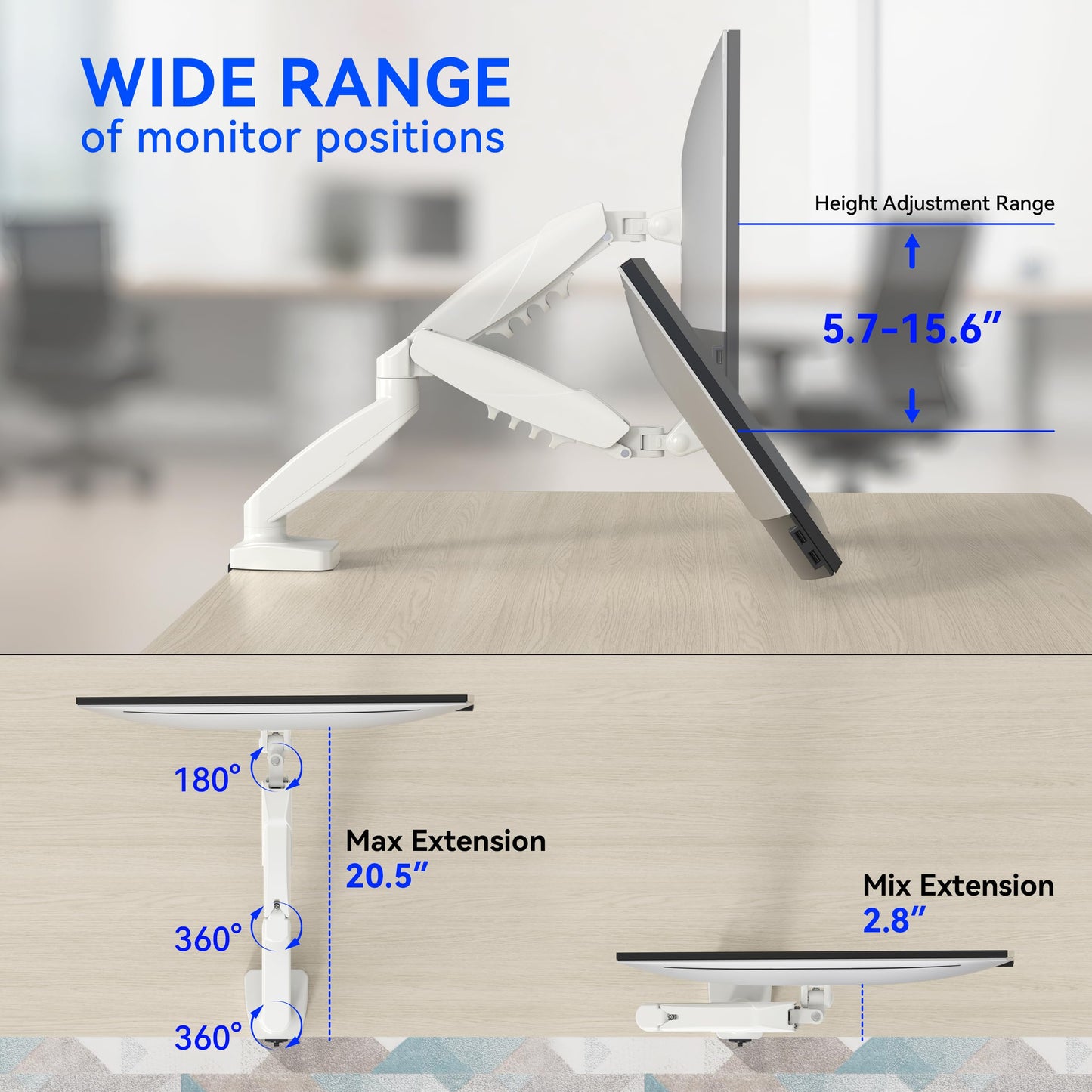 SHOPPINGALL Single Monitor Mount for 13 to 32 Inch Gas Spring Monitor Arm, Fully Adjustable VESA Mount with Desk Clamp - SA-GC41-WHITE