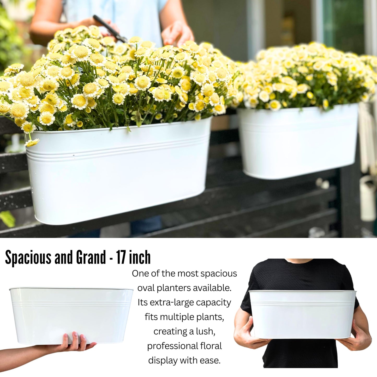 LaLaGreen Planter Boxes for Outdoor (17 Inch, 6 Pack) White Metal Deck Railing Hanging Flower Pots, Large Window Box Plant Holder Hooks Fence Rail Buckets Modern Herb Boho Style Wall Mount Porch Decor