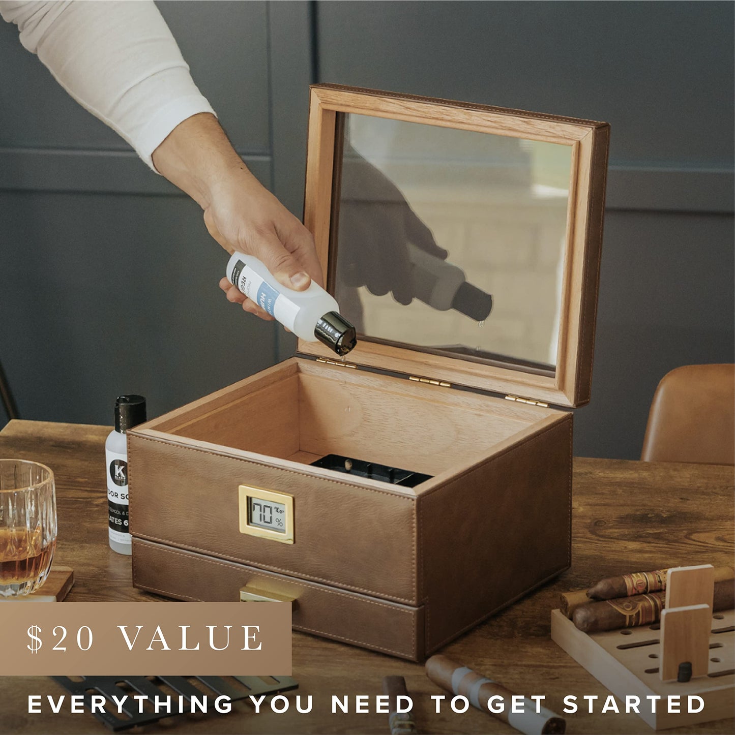 Belmont Glass Top Humidor Premium Vegan Leather, Front Digital Hygrometer, Spanish Cedar, Humidor Solution, Hydro System, and Accessory Drawer - Holds (30-60 Cigars) by CASE ELEGANCE