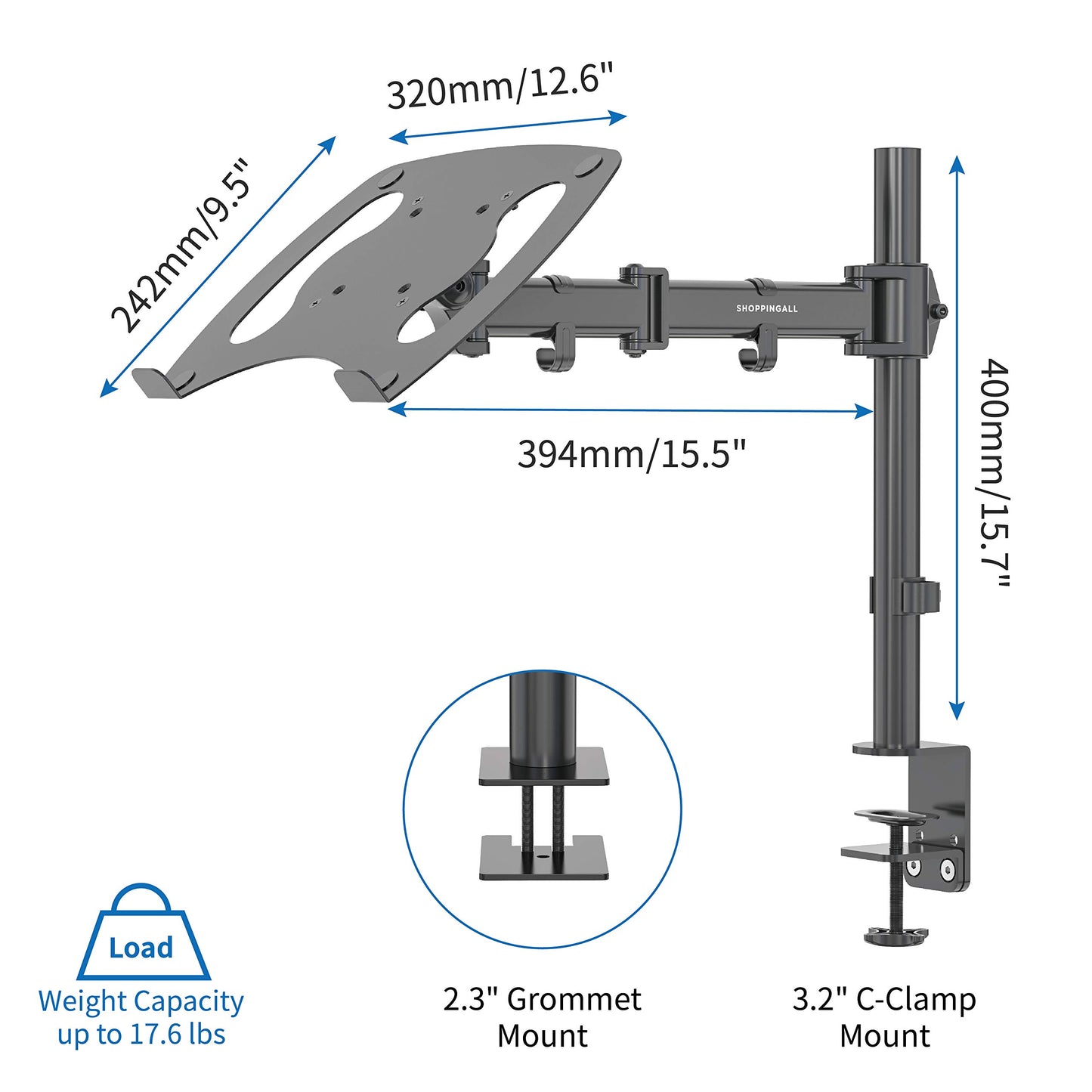 SHOPPINGALL Fully Adjustable Laptop Mount Stand for Laptops Up to 17", Both Desk clamp and Grommet mounting - SA-D28+D15-Black