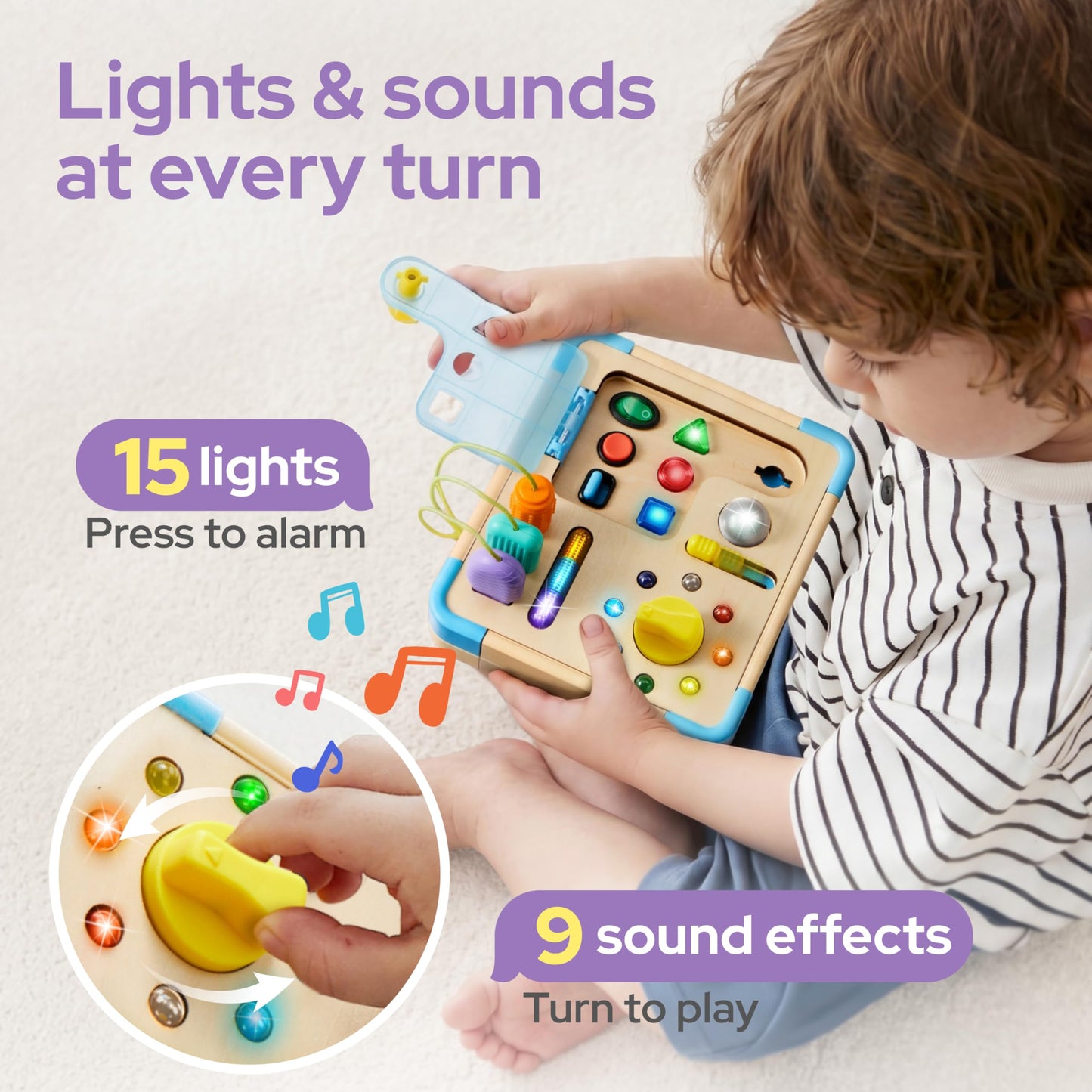 Electronic Busy Board – Montessori-Inspired Pretend Toy with 15 LED Lights & 9 Sound Effects, 5 Interactive Switches & Plugs, Sensory Fun, Early Development, Baby Toys Age 18M+ Old