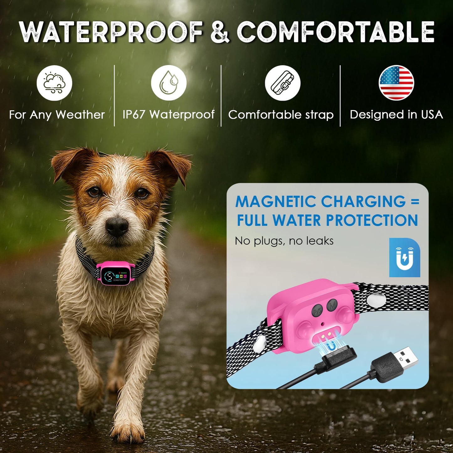 Bark Collar for Small Dogs 5-15 lbs – No Shock Anti Barking Collar with AI Chip – 3 Modes & 5 Sensitivity Levels – Waterproof, Rechargeable, Magnetic Charging – Humane, Effective Training (Pink)