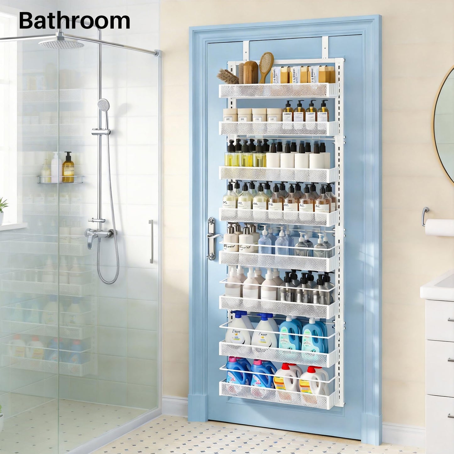 SNTD 8 Tiers Over the Door Organizer - Height Adjustable Pantry Organizers and Storage with Dense Mesh Baskets, Anti-Swing Hanging Door Spice Rack for Kitchen Bathroom (White, 17" W x 6" D x 69" H)