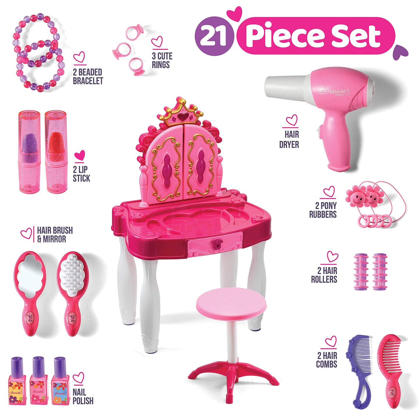 Play22 Pretend Play Girls Vanity Set with Mirror and Stool 20 PCS - Kids Makeup Vanity Table Set with Lights and Sounds - Kids Beauty Salon Set Includes Fashion Hair & Makeup Accessories & Blowdryer
