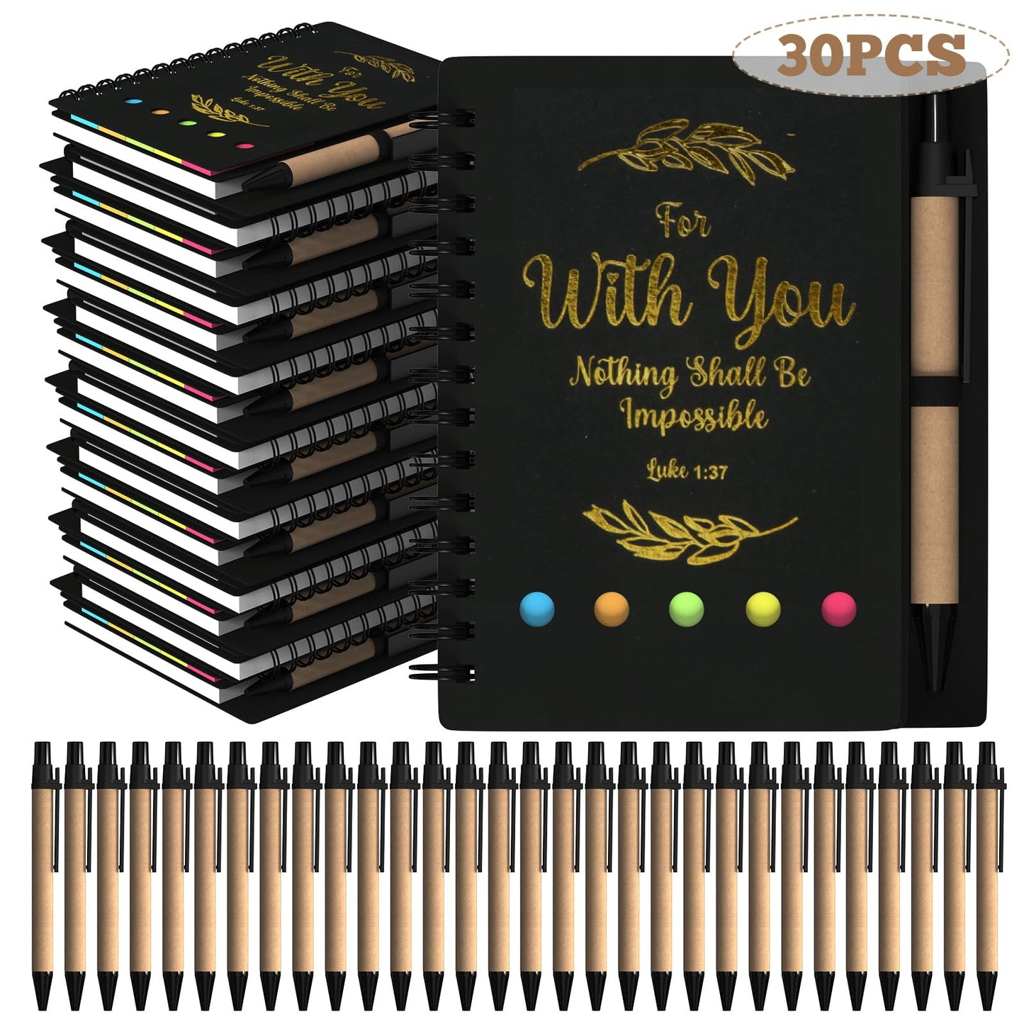 HochoLii 30 Pack Spiral Notebooks with Pens,Notebook in Bulk with Positive Words, Bulk Christian Gifts,Coworker Gifts,Prayer Journal,Small Gifts,Black