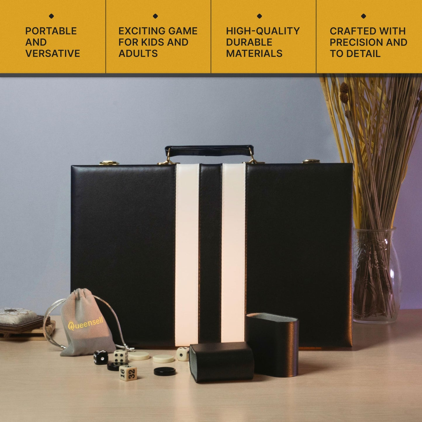 Backgammon Sets for Adults – 15-Inch Black PU Leather Board Game Set – Classic 2-Player Travel Backgammon Set with 32 Playing Pieces, Dice, and Cups