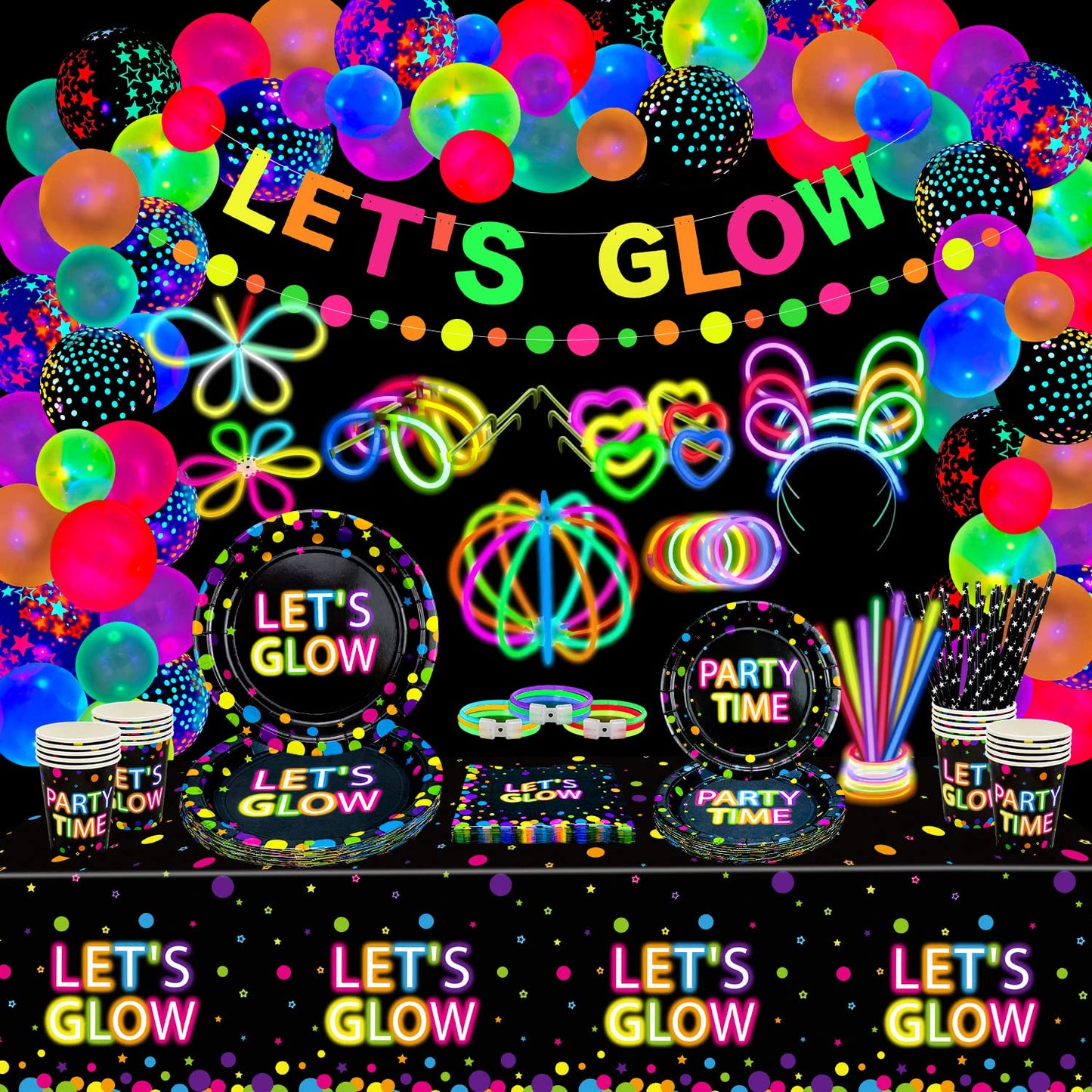 398 Pcs Glow in The Dark Party Supplies - Include Glow in The Dark Balloons, Banner, Glow Sticks, Tableware and Tablecloths for Glow Party Supplies Black Light Neon Party Decorations, Serve 20