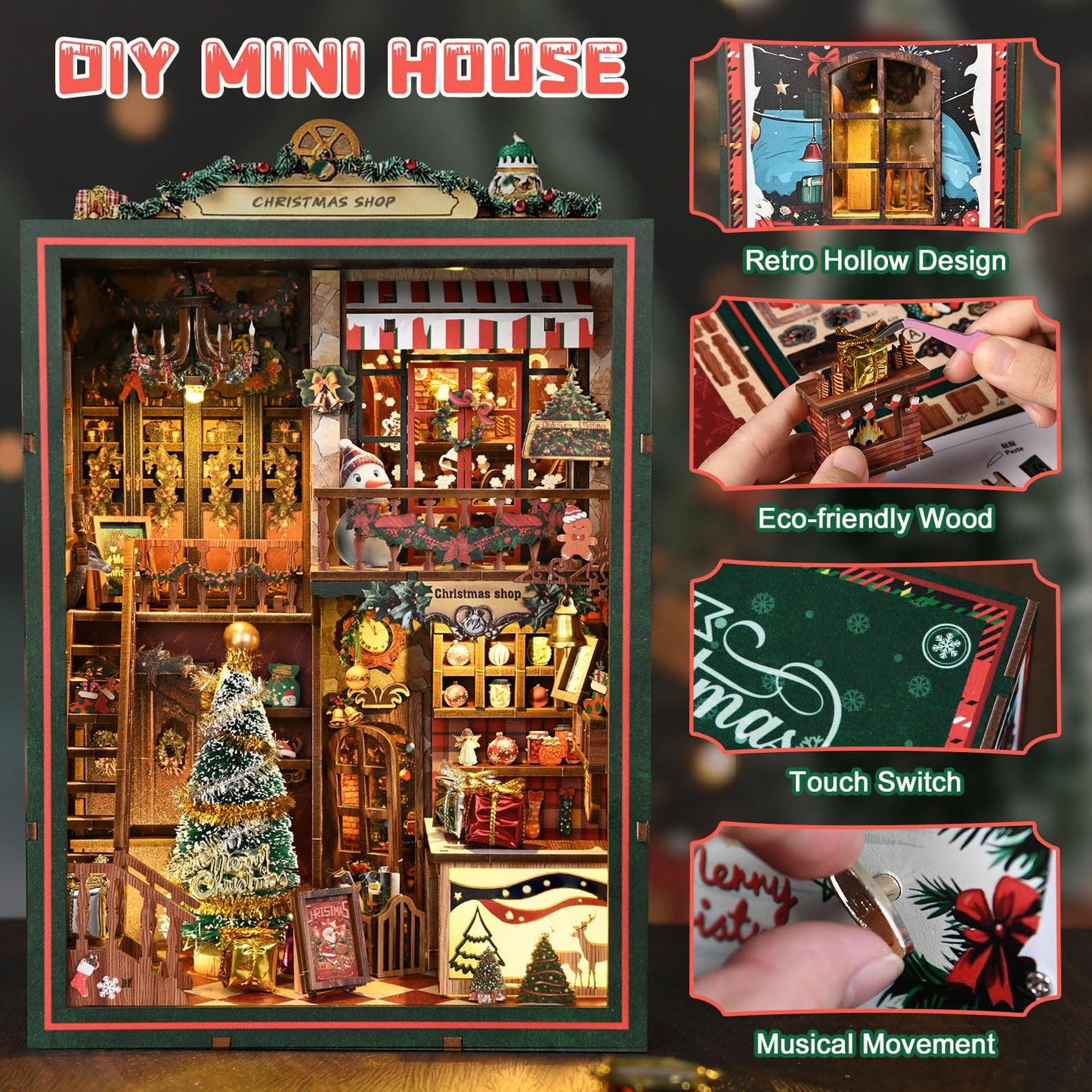 cjc Christmas Book Nook Kit for Adult - DIY Miniature Dollhouse Book Nook with Music Tiny House, 3D Wooden Puzzle Bookshelf Decor for Adults, Creative for Family Friends‌