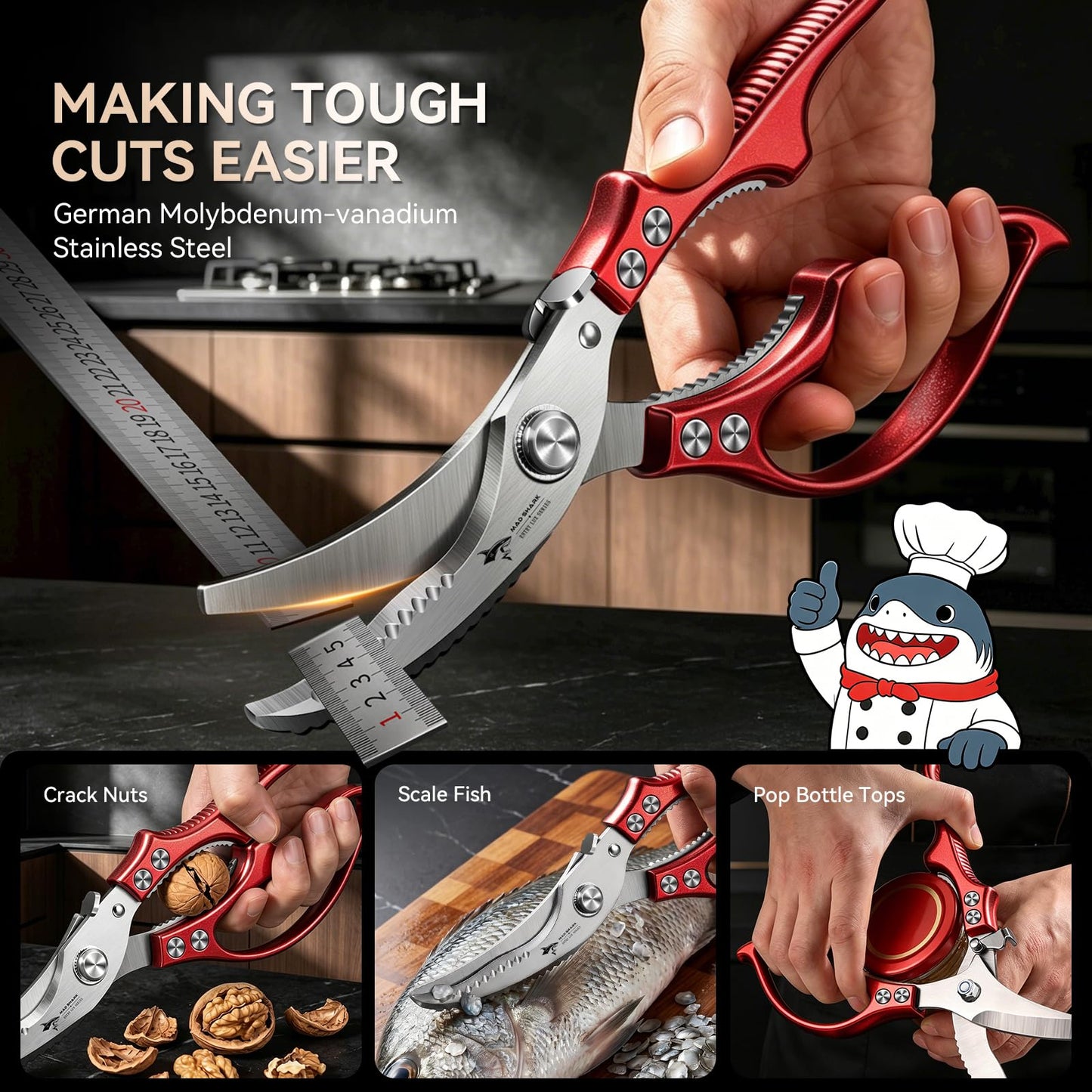 MAD SHARK Heavy Duty Poultry Shears, Kitchen Shears with Non-Slip Handle & Safety Lock, All Purpose Kitchen Scissors for Chicken, Meat Cutting, Turkey, Fish, Vegetables, Spring Loaded (Red)