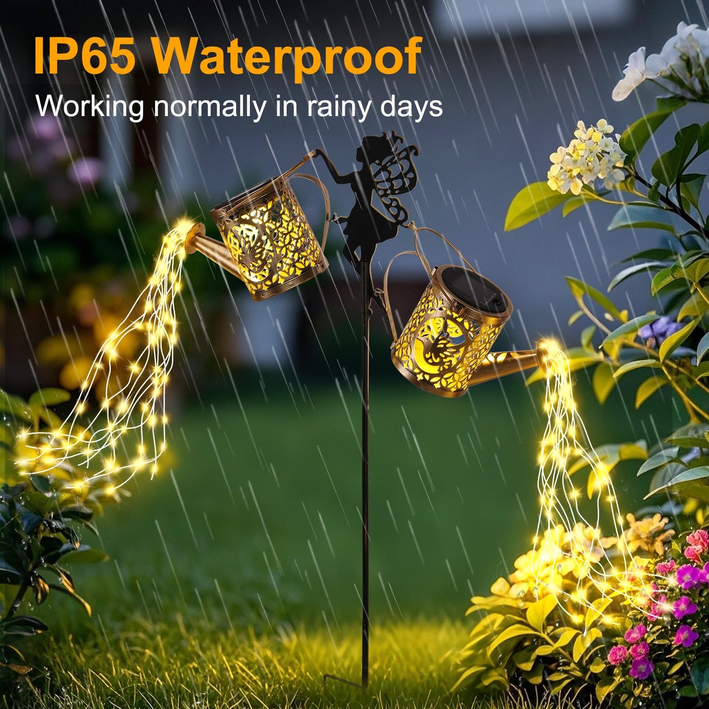 ZKLiLi Solar Fairy Hummingbird Watering Can Lights Outdoor, IP65 Waterproof Garden Decor with one Pole Two Light - Hanging Patio Lawn Pathway Gift for Backyard,Lawn,Patio