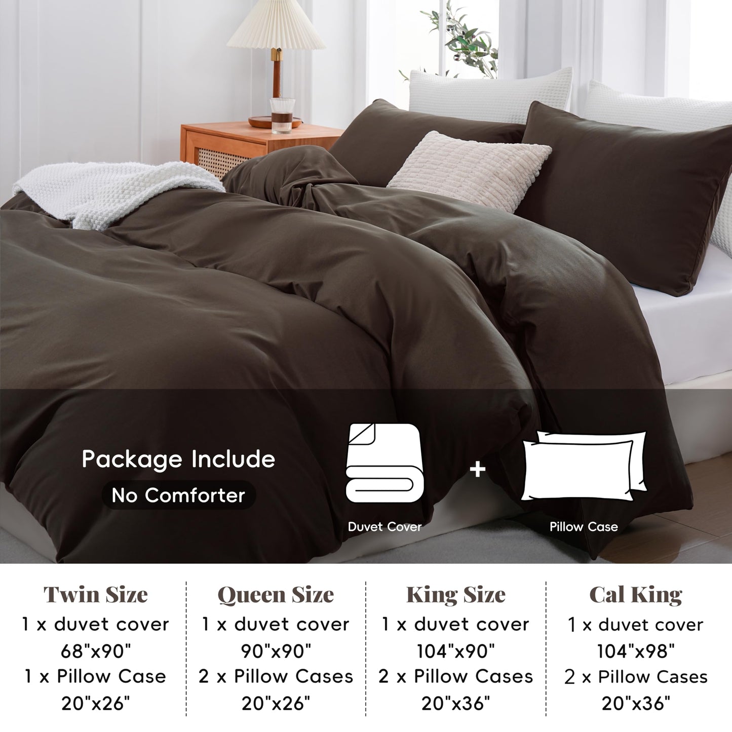 YHJWW Brown Duvet Cover Set Ultra Soft and Comfy 3 Piece Comforter Covers Bedding Set Includes 2 Pillowcases and 1 Duvet-Cover with Zipper (Queen 90"x90", No Comforter)