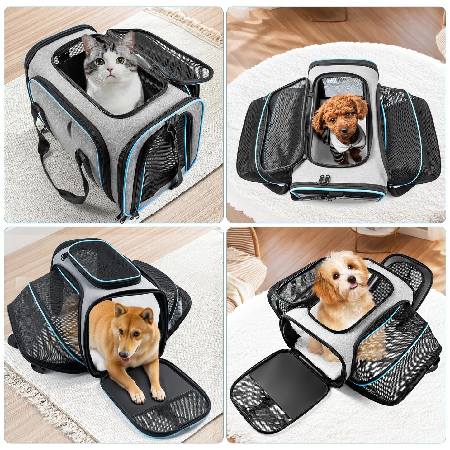 Cat Dog Carrier - Airline Approved Expandable Soft-Sided Pet Carrier, 4 Sides Expandable Cat Collapsible Carrier with Removable Fleece Pad and Pockets for Cats Dogs and Small Animals