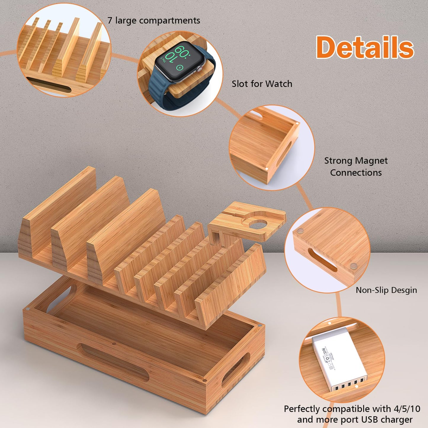 Pezin & Hulin Bamboo Charging Station Holder with 5 Port USB Charger, Watch Stand, Wood Dock Stand Organizer for Multiple Devices, Phones, Tablets, Laptop