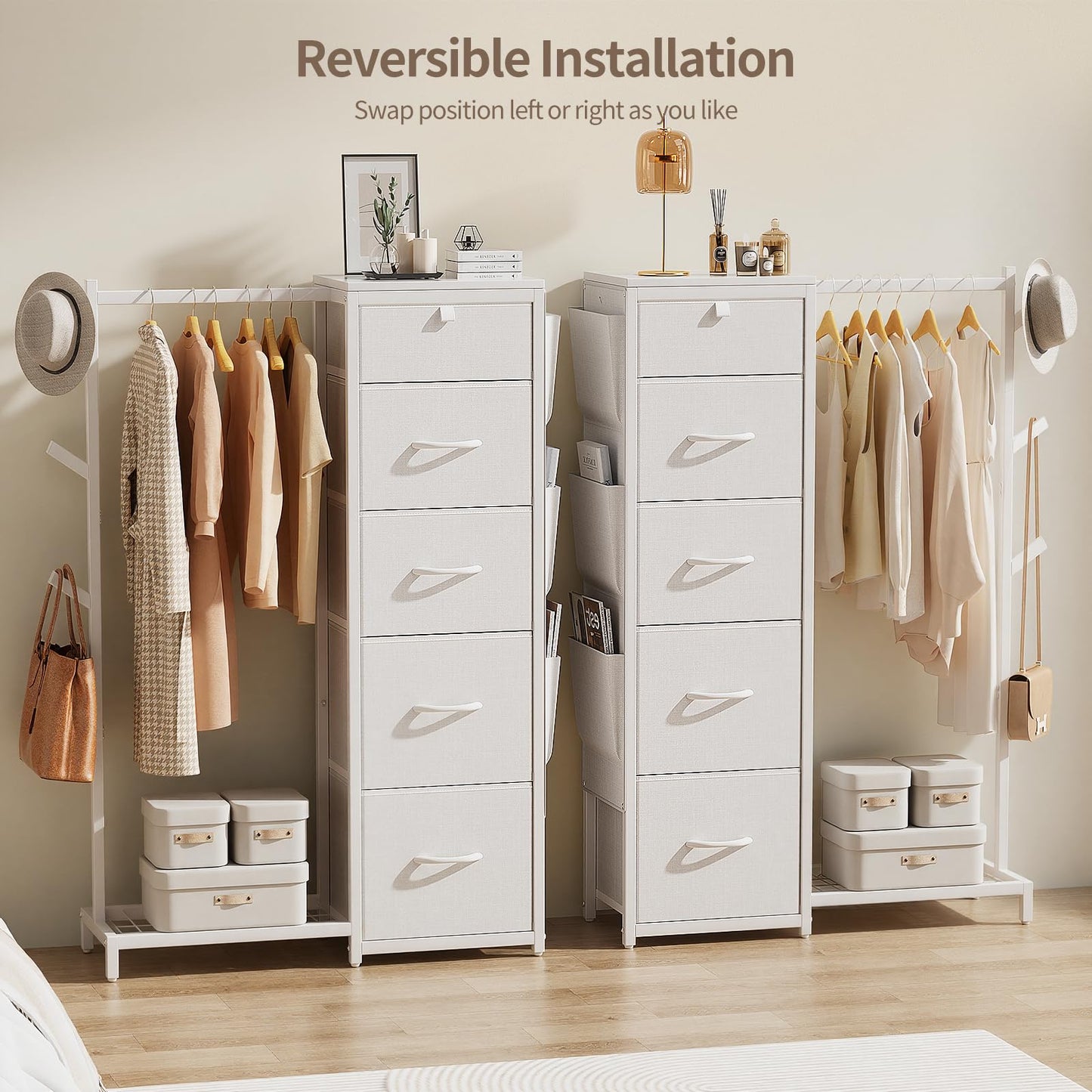 Luxspire Dresser with Hanging Rack, Reversible Dresser for Entryway with 5 Fabric Storage & 3 Coat Racks & Side Pockets Small Closet with Clothes Rack, White